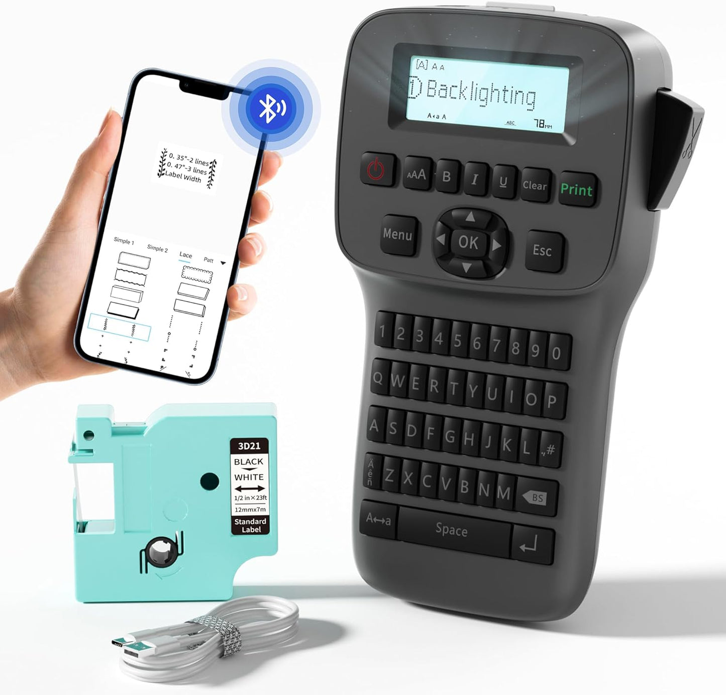 Portable Label Maker, LM1600 Label Maker Machine with Tape, Ultra Long Lasting Battery Label Maker with QWERTY Keyboard, Handheld Rechargeable Labeler, Easy-to-Use, Office Organization