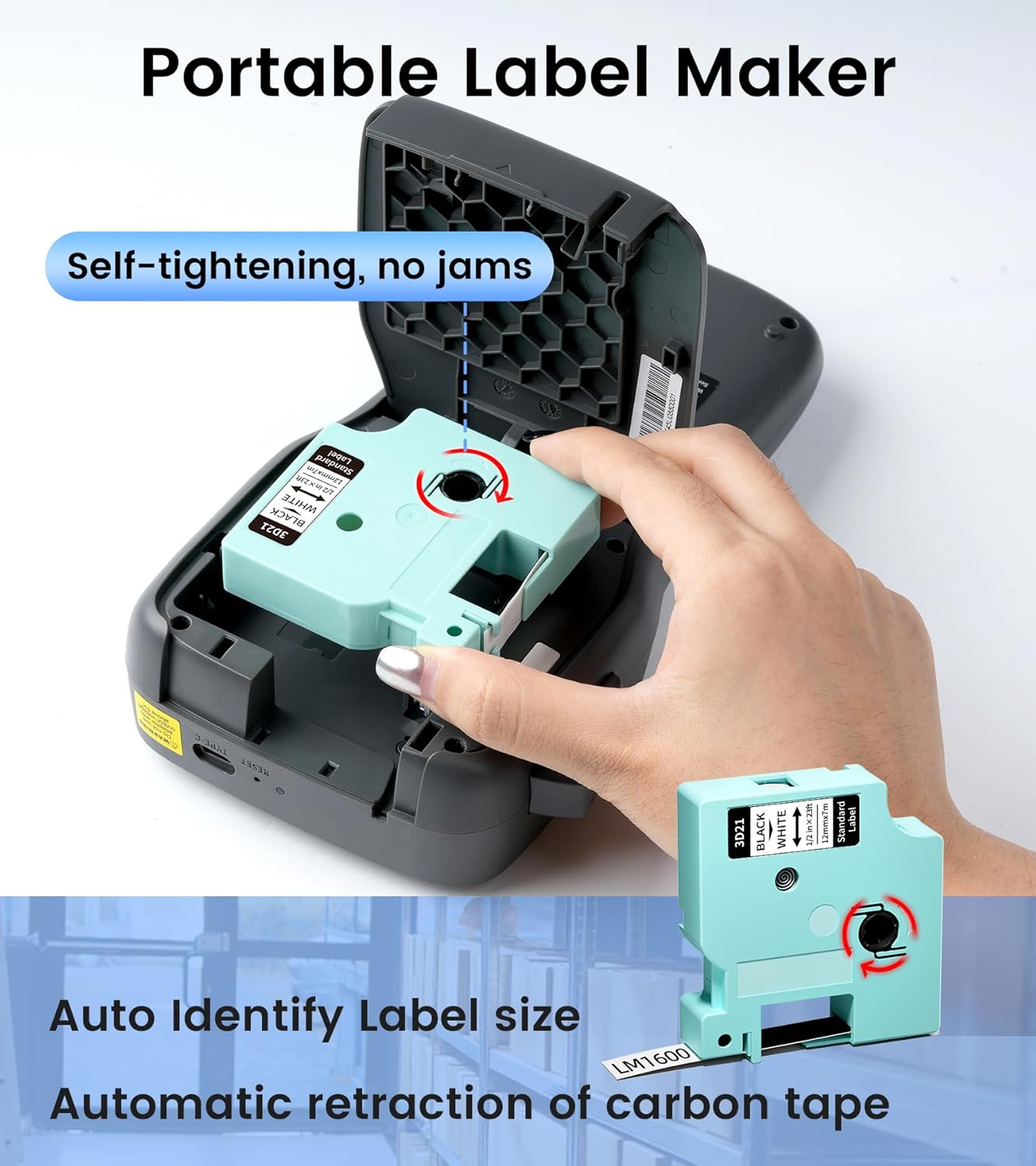 Portable Label Maker, LM1600 Label Maker Machine with Tape, Ultra Long Lasting Battery Label Maker with QWERTY Keyboard, Handheld Rechargeable Labeler, Easy-to-Use, Office Organization