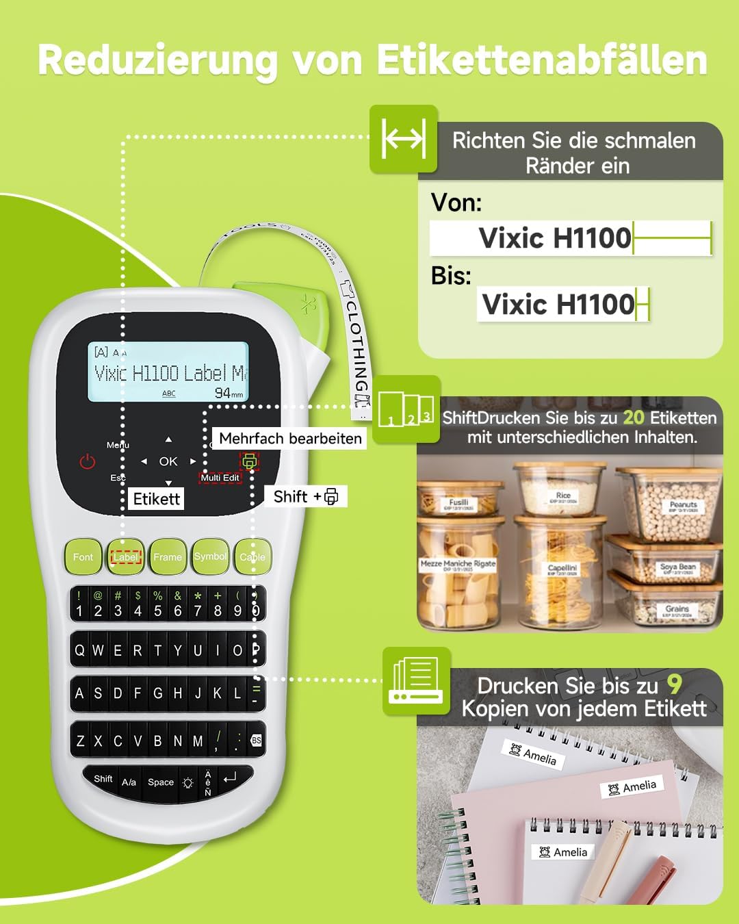 Beschriftungsgerät H1100 | Tragbares Etikettiergerät mit QWERTY Tastatur | Beschriftungsgerät Selbstklebend | Etiketten fürs Bis zu 12 mm Breite Tintenlos | Handetikettendrucker fürs Büro Hause & DIY