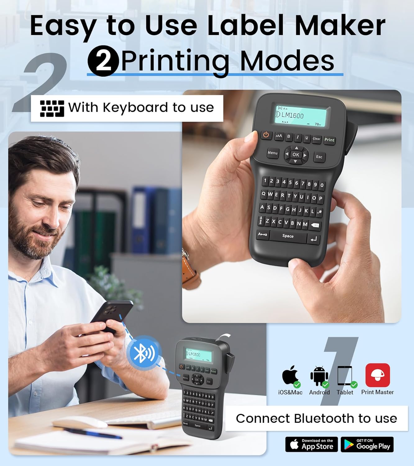 Portable Label Maker, LM1600 Label Maker Machine with Tape, Ultra Long Lasting Battery Label Maker with QWERTY Keyboard, Handheld Rechargeable Labeler, Easy-to-Use, Office Organization