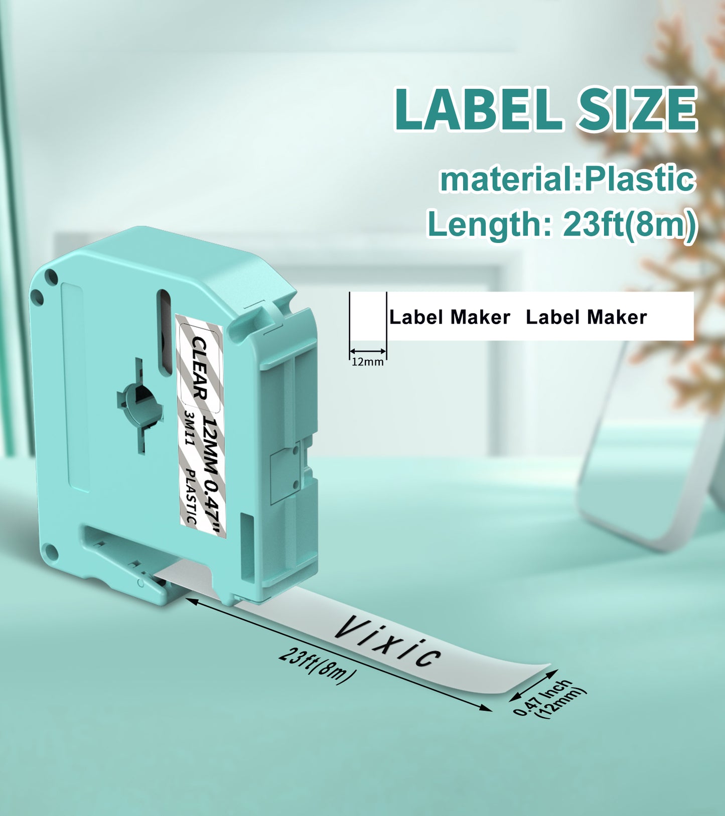 Label Maker Tape Replacement for Brother P Touch M Tape, 12mm 0.47" Black on Clear, 3M11