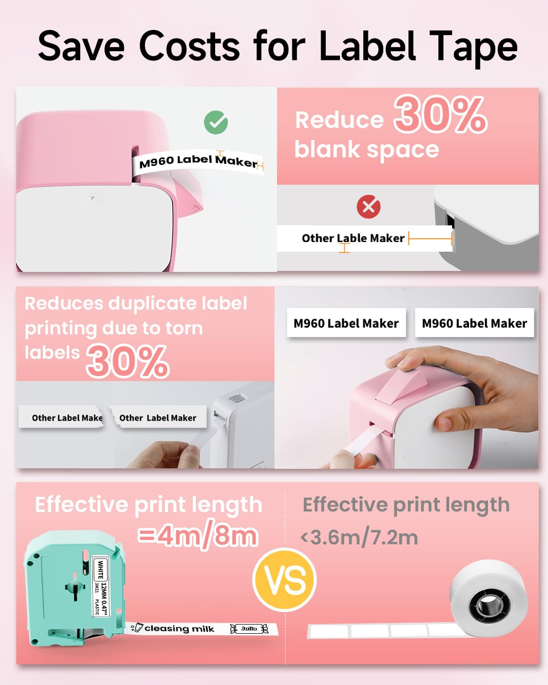 Vixic Label-Maker-Machine, M960 Sticker Label Maker with 1 pcs White Label Tape, Bluetooth Labeler, Wireless Technology USB Rechargeable Thermal Label Printer for School Office Home Organization