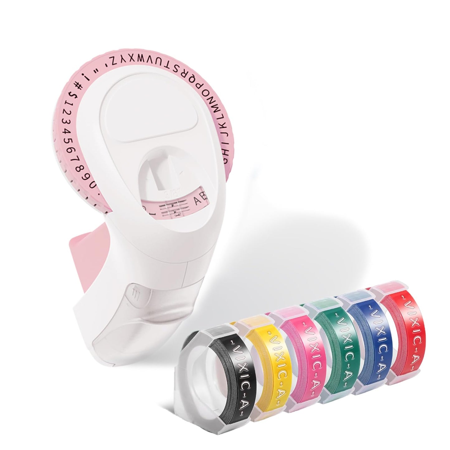 Vixic Embossing Label Maker Machine with 6 Tapes, Vintage Embosser Label Maker, Lightweight Labeler with 6 Rolls 9mm 3/8'' Labeling Tapes for Home/Office/School, Handheld&Portable, Light Pink