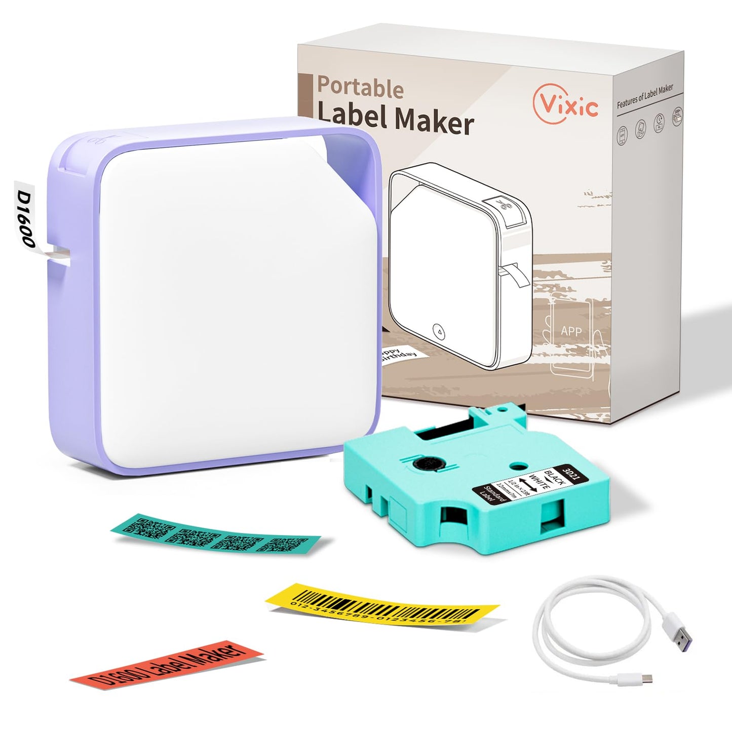 Vixic Label Maker - D1600 Mini Bluetooth Label Printer Wireless Labeler Label Maker Machine with Tape Multiple Templates Available Sticker Maker for Office Organization Home Kitchen Storage, Purple