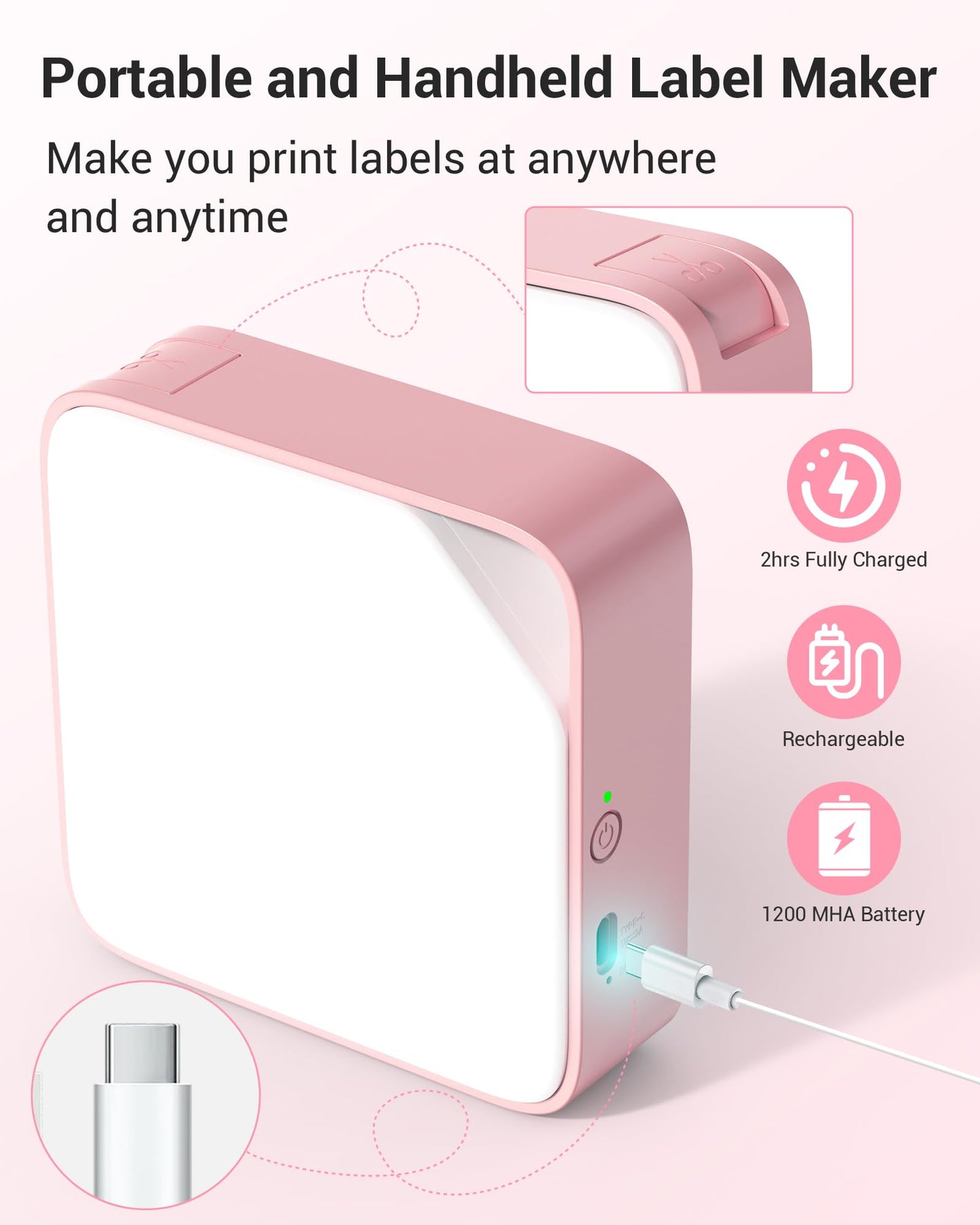 Vixic Label Maker Machine with Tape D1600 Portable Bluetooth Label Printer for Labeling, Mini Sticker Maker Compatible with Android & iOS Phone for organizing, Inkless Rechargeable Handheld, Pink