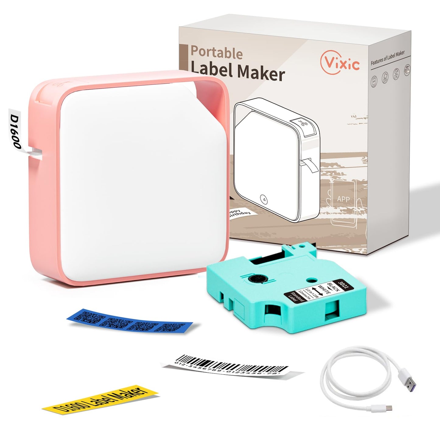 Vixic Label Maker Machine with Tape D1600 Portable Bluetooth Label Printer for Labeling, Mini Sticker Maker Compatible with Android & iOS Phone for organizing, Inkless Rechargeable Handheld, Pink