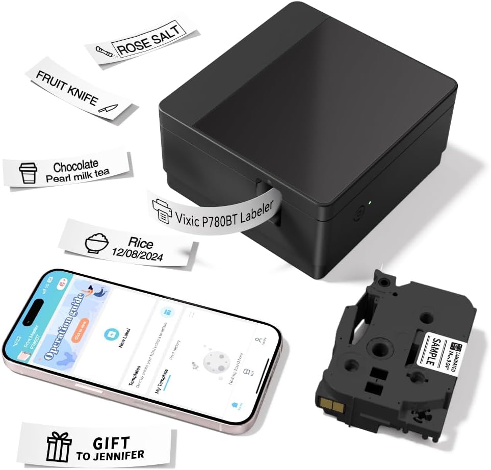 Vixic P780BT Beschriftungsgerät 24mm,etikettiermaschine labelwriter Bluetooth kabellose Technologie für Mobilgeräte und PCs, automatischer Schneidefunktion, mehrere Vorlagen (Schwarz)