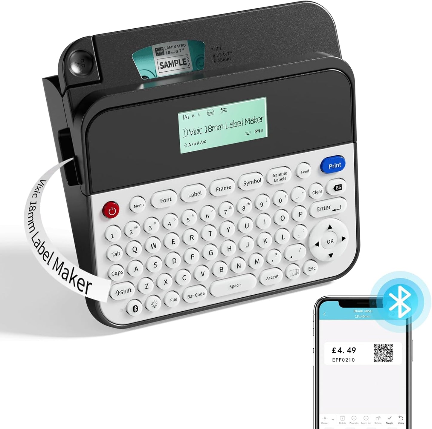 Vixic Beschriftungsgerät Bluetooth D480BT Wiederaufladbares Etikettiergerät mit QWERTY Tastatur mit PC- oder Mobil-Schnittstelle 5 Zeilen Etikettendrucker Ideal fürs Büro oder zu Hause