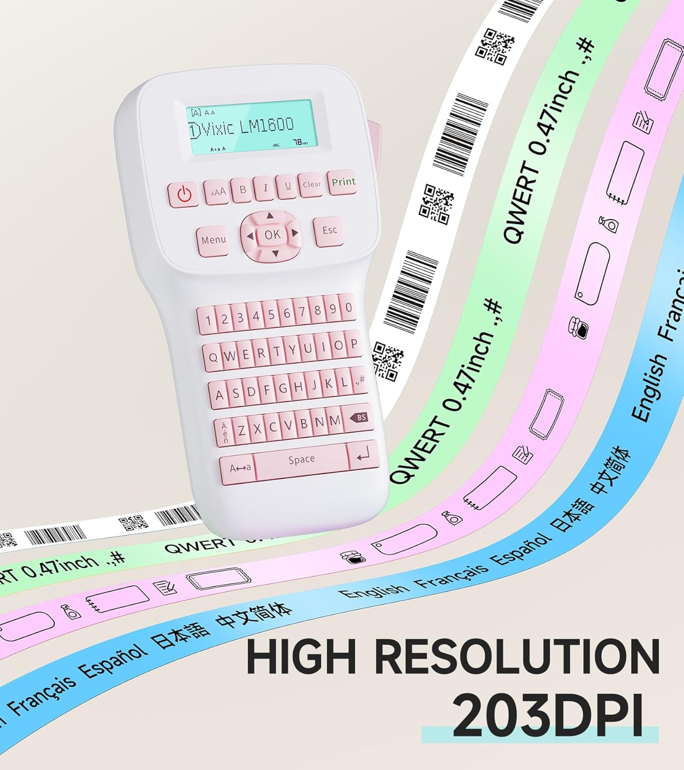 Vixic Label Maker, Portable Label Maker Machine with Tapes - LM1600, Backlighting LCD Screen Label Maker with QWERTY Keyboard, Pink Rechargeable Handheld Labeler, Home School Office Organization