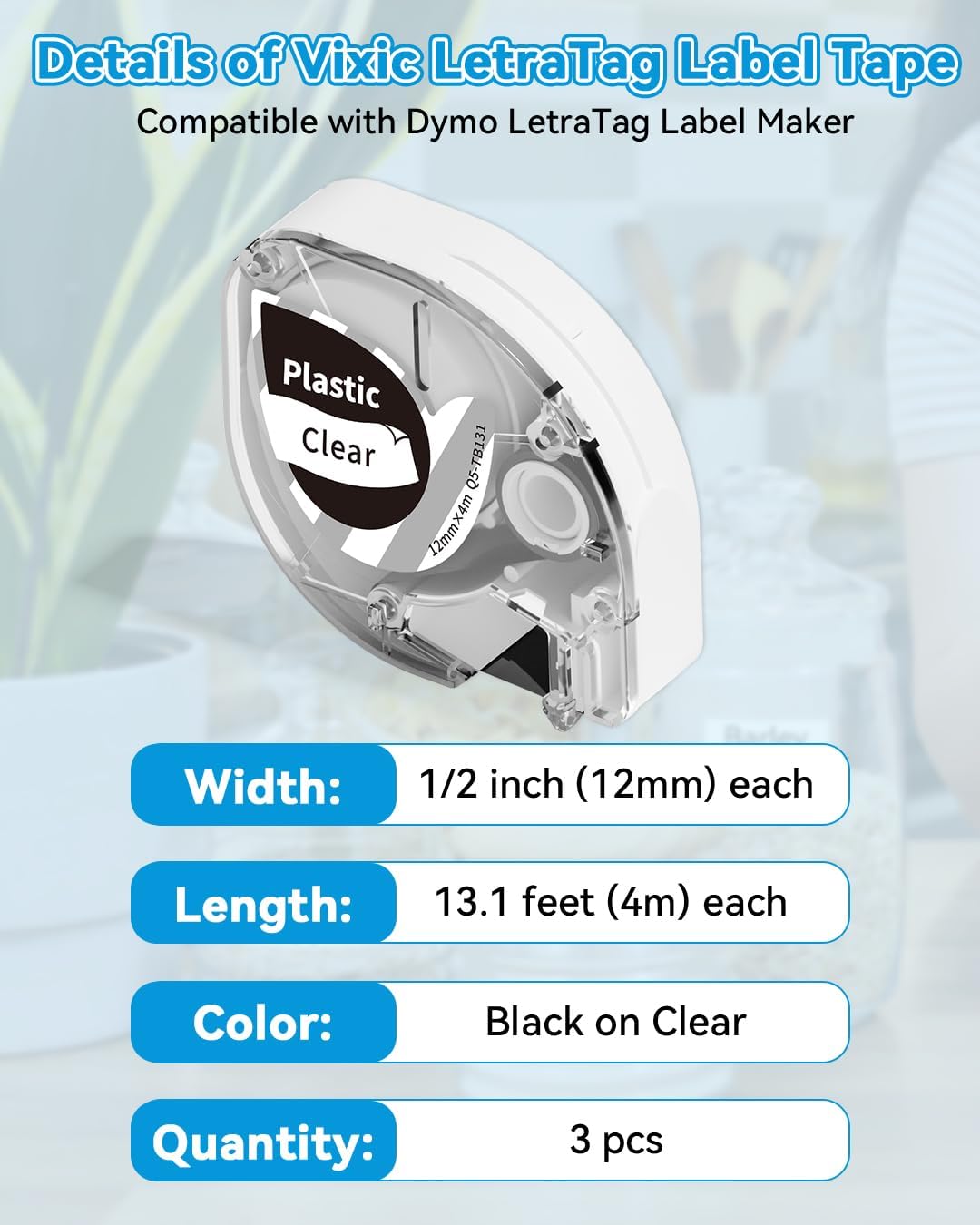 Vixic 3 Pack Plastic Label Tape Replace for Dymo LetraTag Refills Clear 16952 12mm x 4m Label Maker Refills Transparent, Compatible with Dymo Letratag LT-100H LT-100T LT-110T 200B QX50 Label Maker