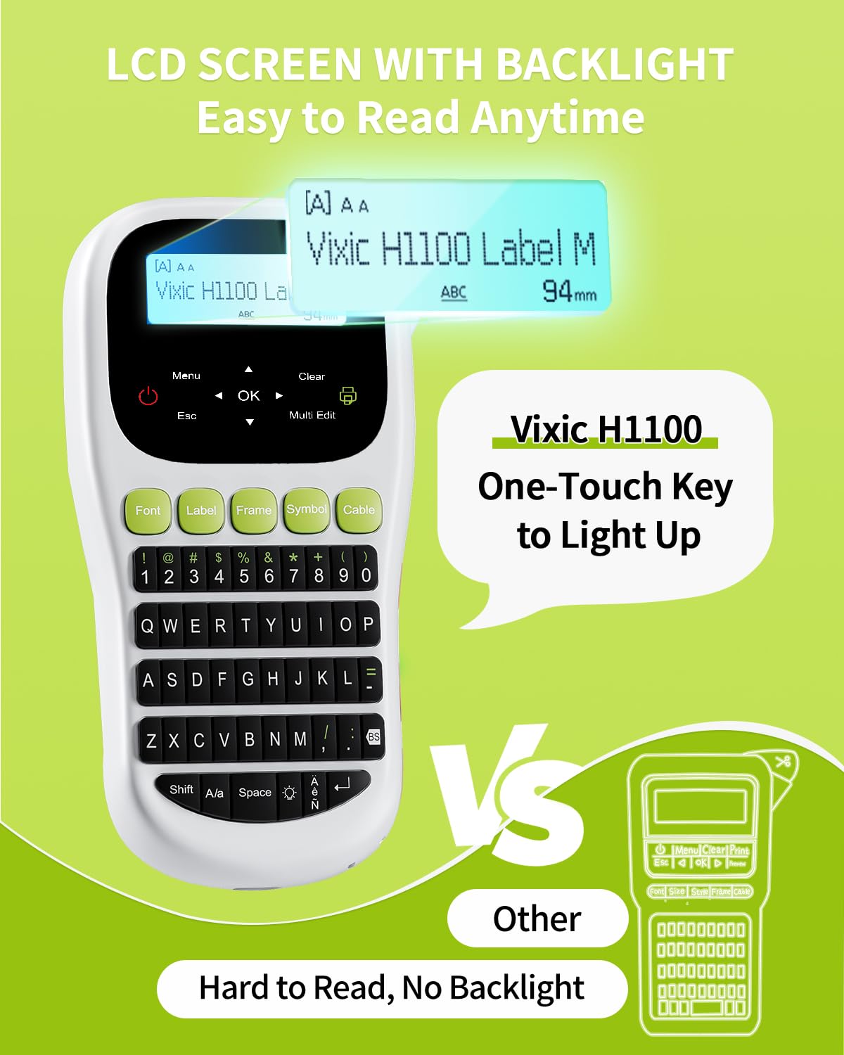 Vixic Label Maker Machine with-Tape, H1100 Label Printer Portable Labeler with Backlight LCD Screen Keyboard for Home Office School Organization, Multiple Fonts Symbols Borders Easy to Use Inkless
