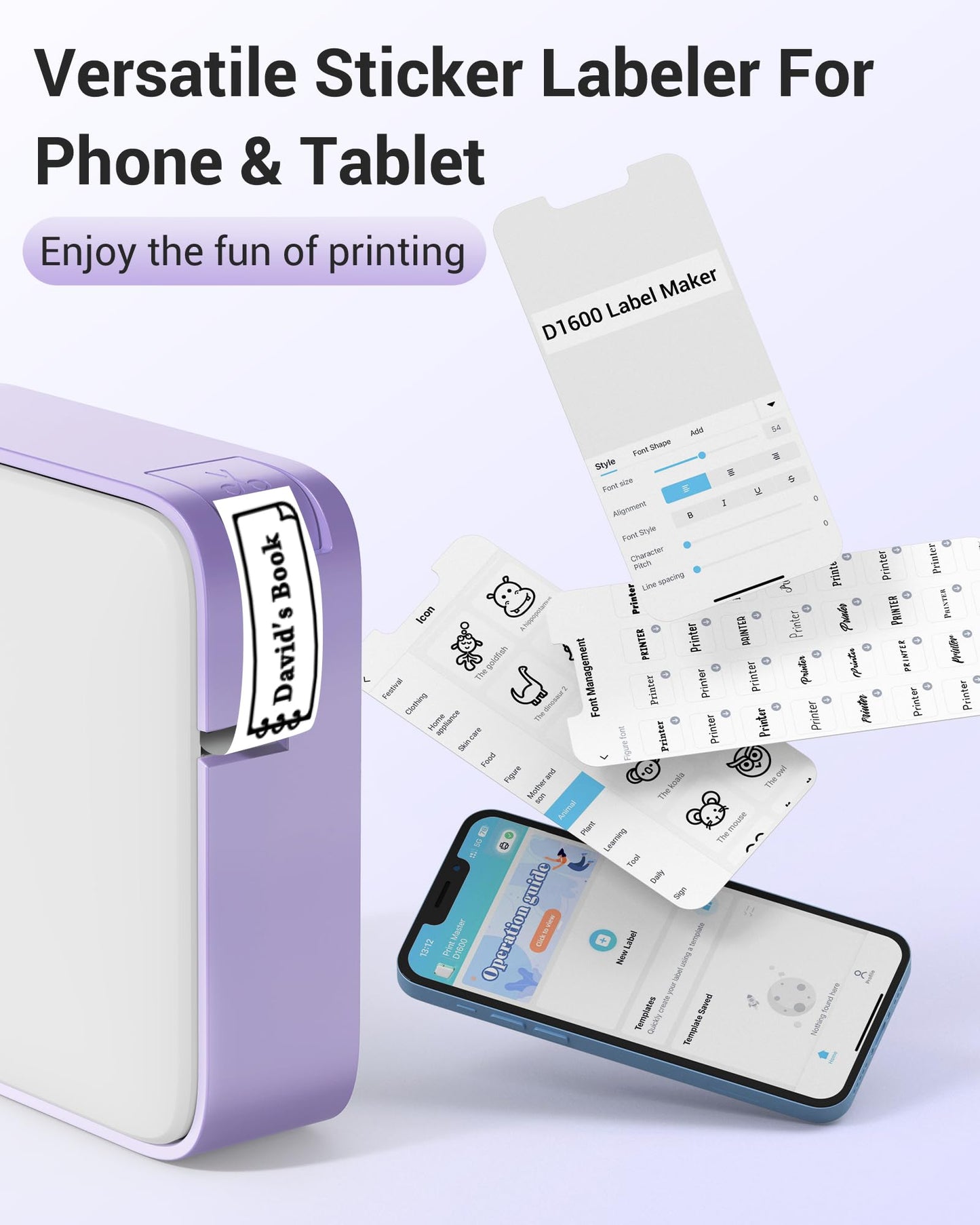 Vixic Label Maker - D1600 Mini Bluetooth Label Printer Wireless Labeler Label Maker Machine with Tape Multiple Templates Available Sticker Maker for Office Organization Home Kitchen Storage, Purple