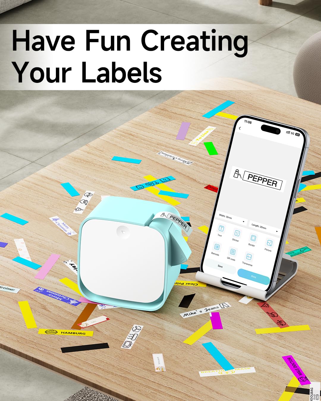 Vixic Label Maker Machine With Tape, Portable Bluetooth Label Printer, Type-C Rechargeable Mini Inkless Labeler, Label Machine For iOS Android for School Office Home Kitchen Organization, White-Green