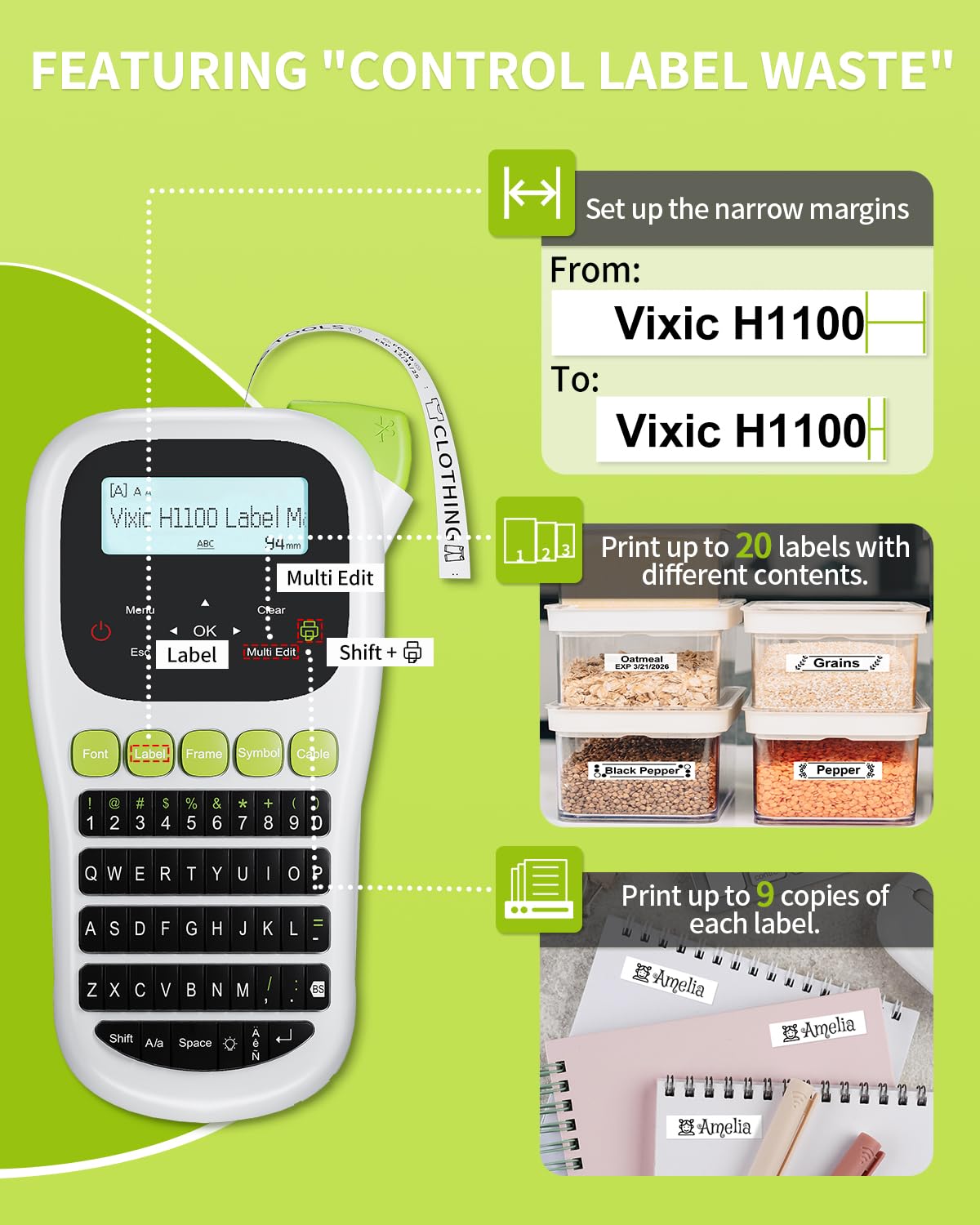 Vixic Label Maker Machine with-Tape, H1100 Label Printer Portable Labeler with Backlight LCD Screen Keyboard for Home Office School Organization, Multiple Fonts Symbols Borders Easy to Use Inkless