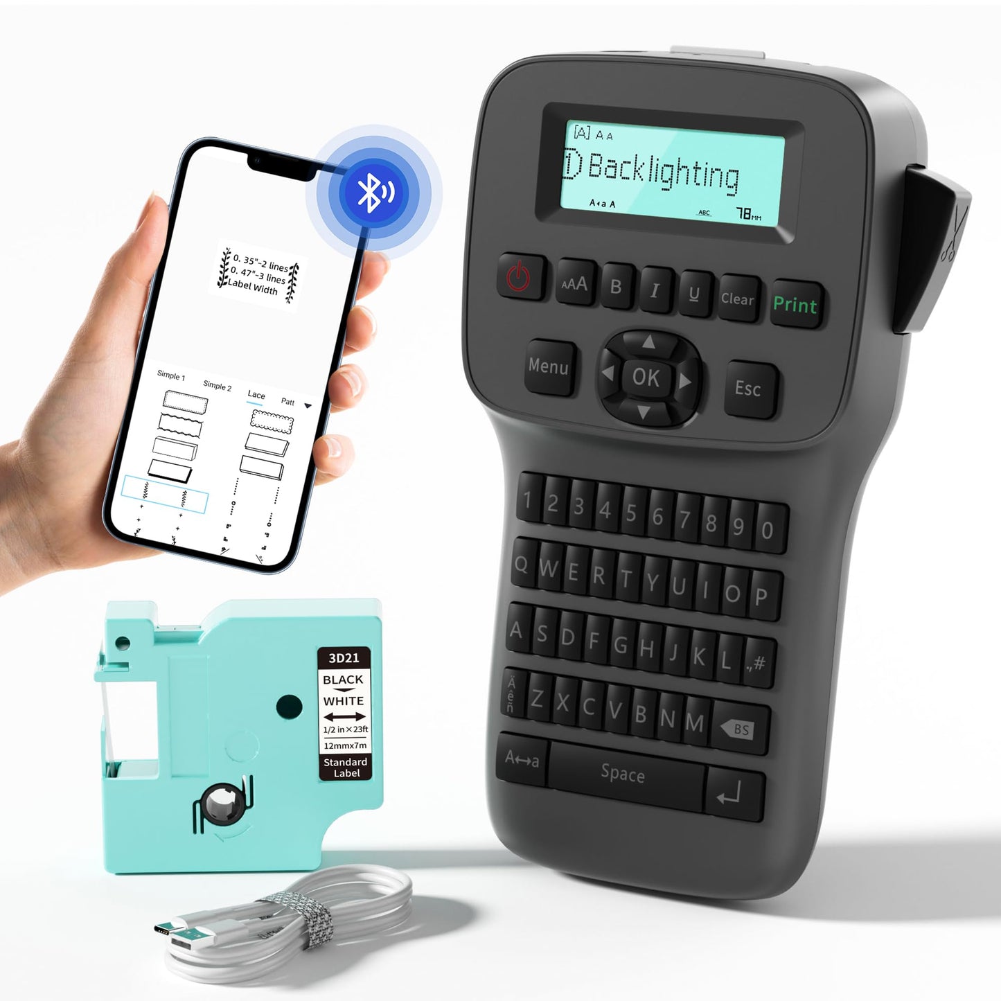 Portable Label Maker Machine with DZ Tape, Backlighting LCD Screen LM1600 Handheld Labeler, QWERTY Keyboard Label Printer, Easy-to-Use, Bluetooth Labeling Machine for Home & Office Organization