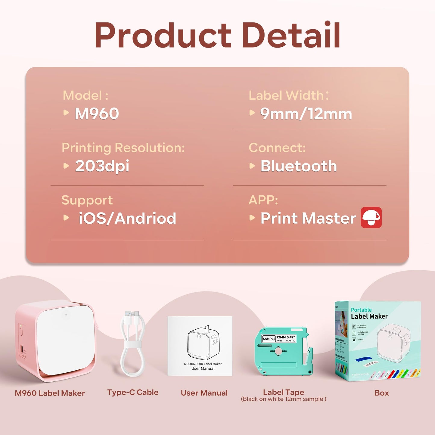 Vixic Pink Label Maker Machine with Tape-M960 Portable Mini Smartphone Label Makers, Rechargeable Bluetooth Handheld Label Printer Multiple Templates Icon Font for Home School Kids Office Organization