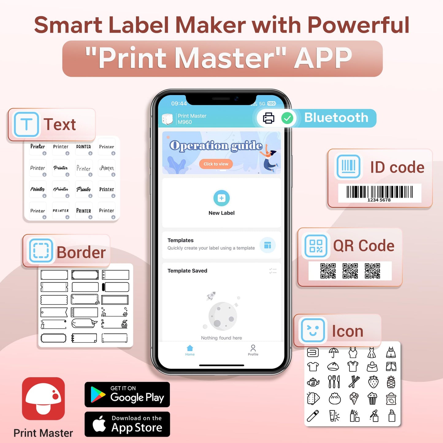 Vixic Pink Label Maker Machine with Tape-M960 Portable Mini Smartphone Label Makers, Rechargeable Bluetooth Handheld Label Printer Multiple Templates Icon Font for Home School Kids Office Organization