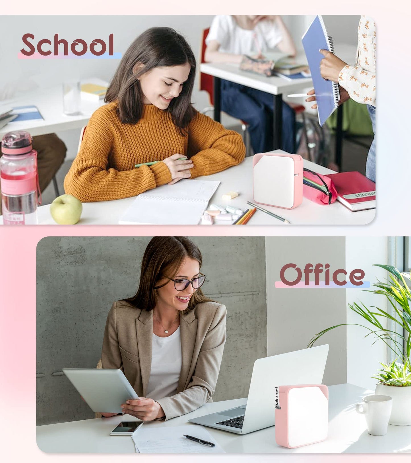 Vixic Label Maker Machine with Tapes, Mini Portable Pink Label Maker Printer D1600 Connected Smartphone via Bluetooth, Multiple Stickers, Fonts, Borders for School/Home/Office Organization