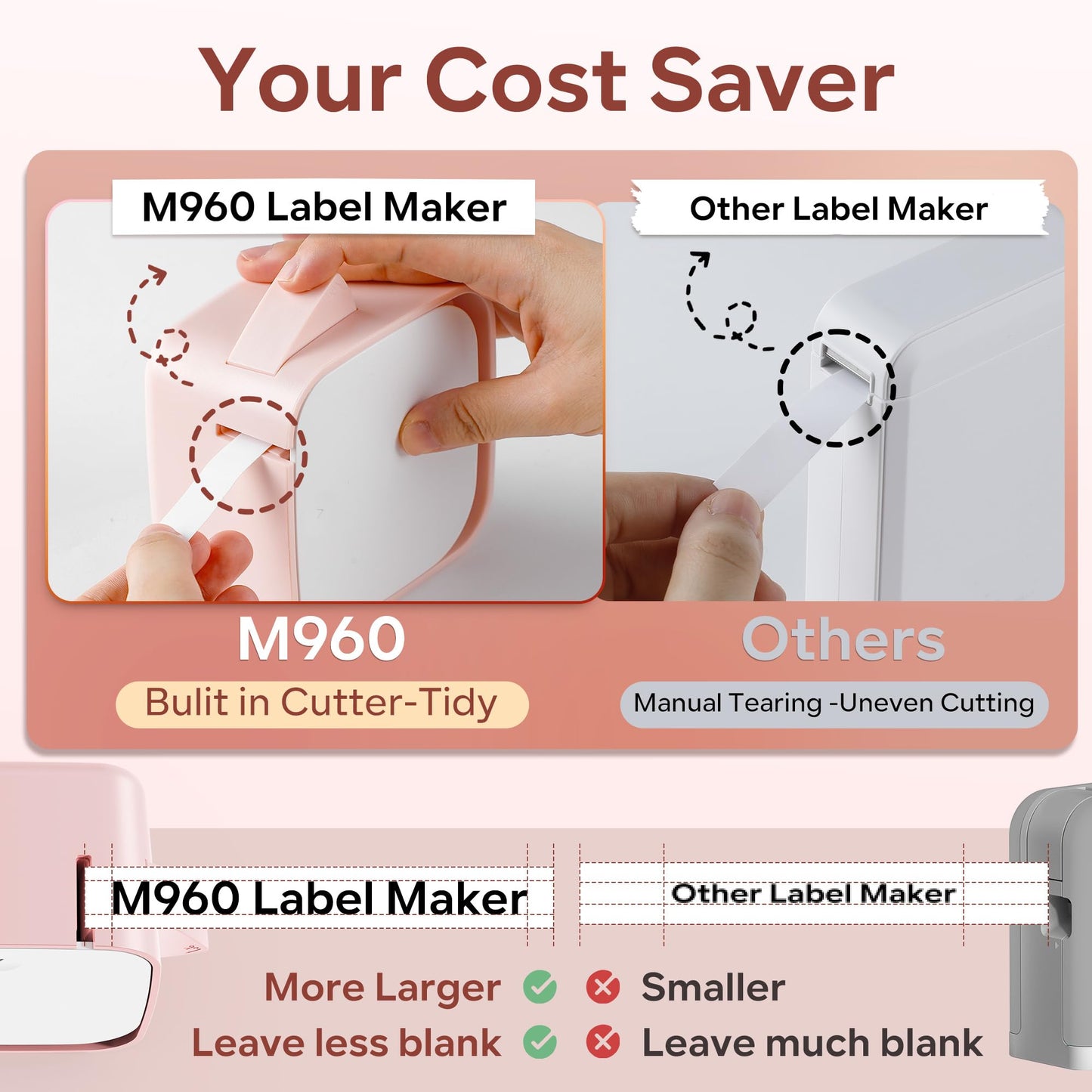Vixic Pink Label Maker Machine with Tape-M960 Portable Mini Smartphone Label Makers, Rechargeable Bluetooth Handheld Label Printer Multiple Templates Icon Font for Home School Kids Office Organization