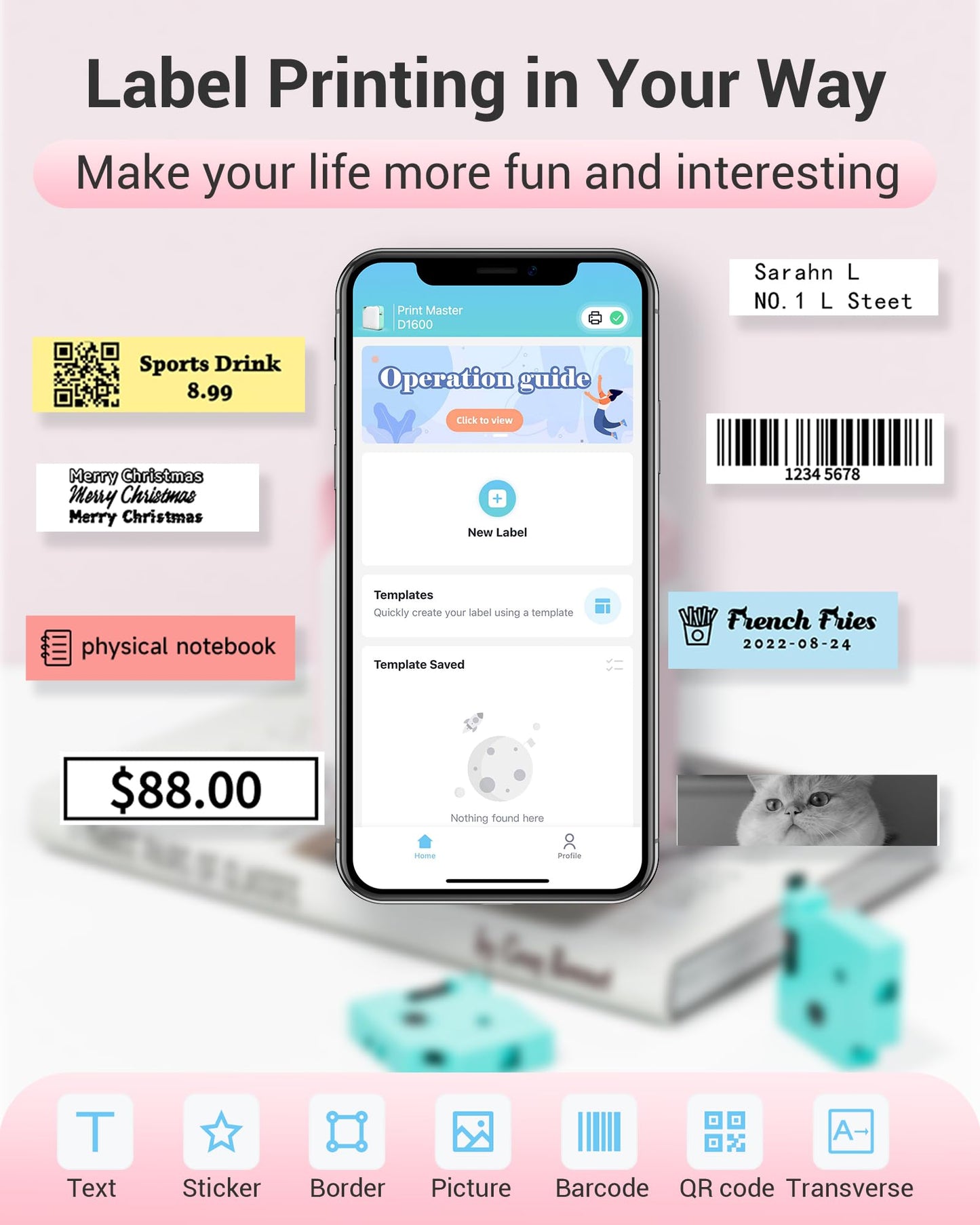 Vixic Label Maker Machine with Tape D1600 Portable Bluetooth Label Printer for Labeling, Mini Sticker Maker Compatible with Android & iOS Phone for organizing, Inkless Rechargeable Handheld, Pink