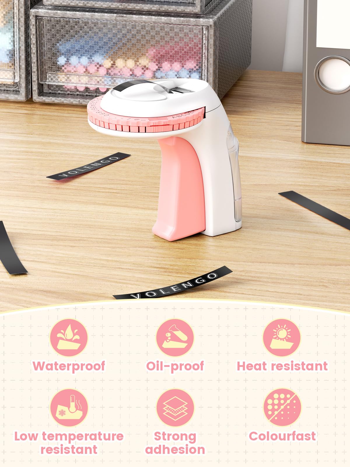 Vixic Embossing Label Maker Machine with 6 Tapes, Vintage Embosser Label Maker, Lightweight Labeler with 6 Rolls 9mm 3/8'' Labeling Tapes for Home/Office/School, Handheld&Portable, Light Pink