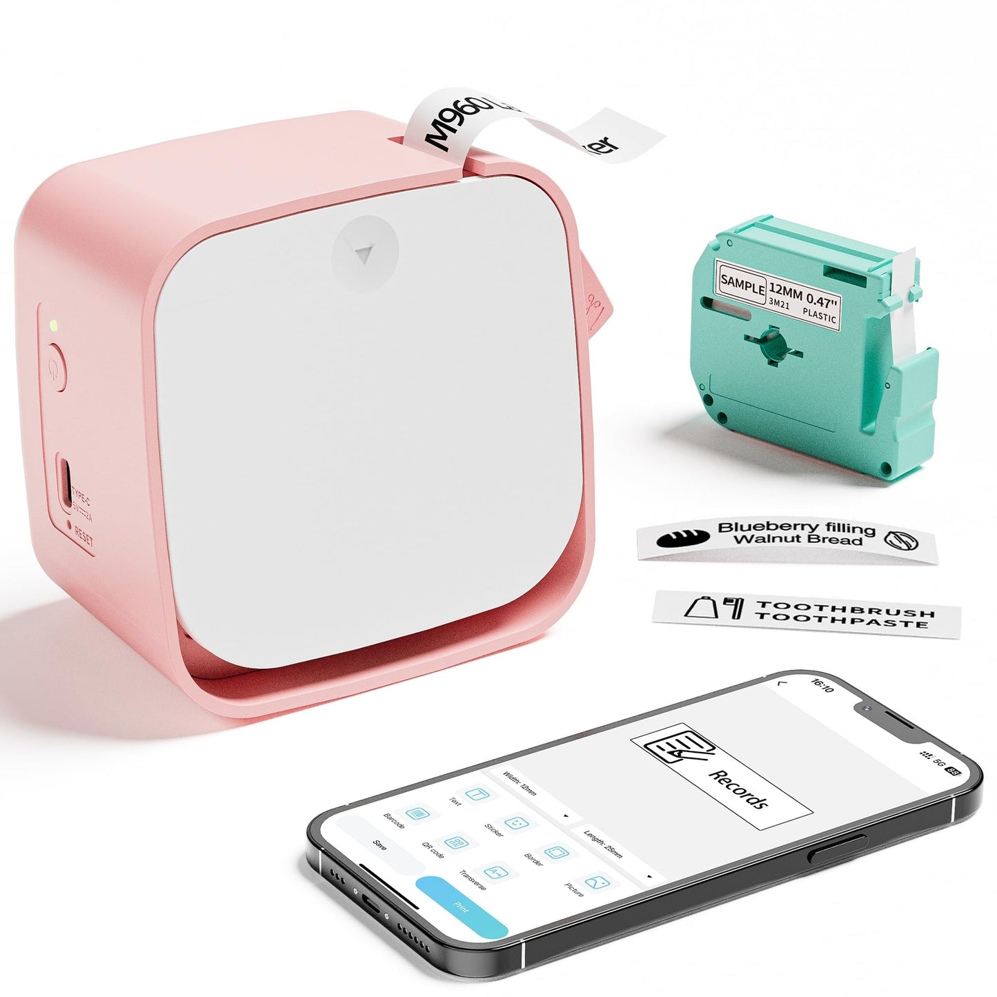 Vixic Pink Label Maker Machine with Tape-M960 Portable Mini Smartphone Label Makers, Rechargeable Bluetooth Handheld Label Printer Multiple Templates Icon Font for Home School Kids Office Organization