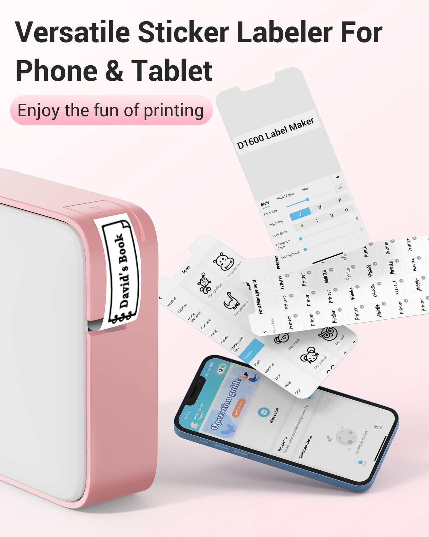 Vixic Label Maker Machine with Tape D1600 Portable Bluetooth Label Printer for Labeling, Mini Sticker Maker Compatible with Android & iOS Phone for organizing, Inkless Rechargeable Handheld, Pink