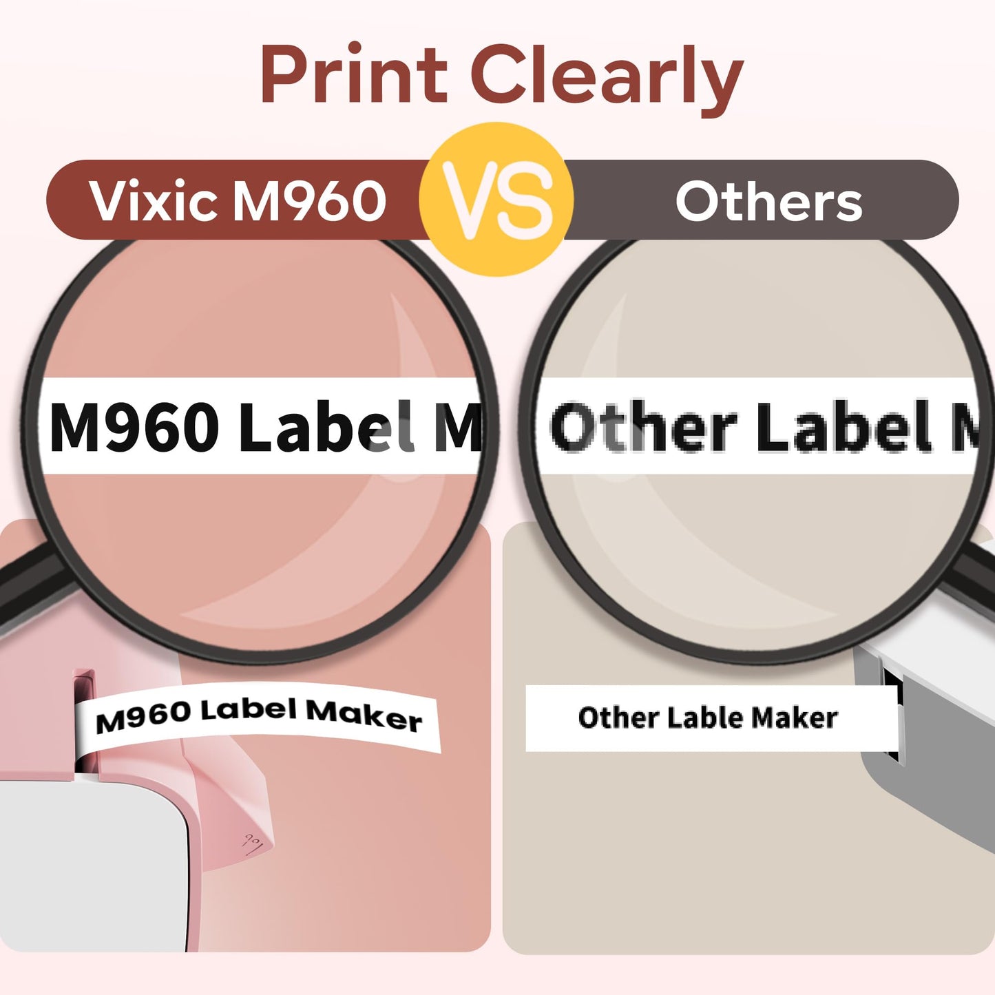Vixic Pink Label Maker Machine with Tape-M960 Portable Mini Smartphone Label Makers, Rechargeable Bluetooth Handheld Label Printer Multiple Templates Icon Font for Home School Kids Office Organization