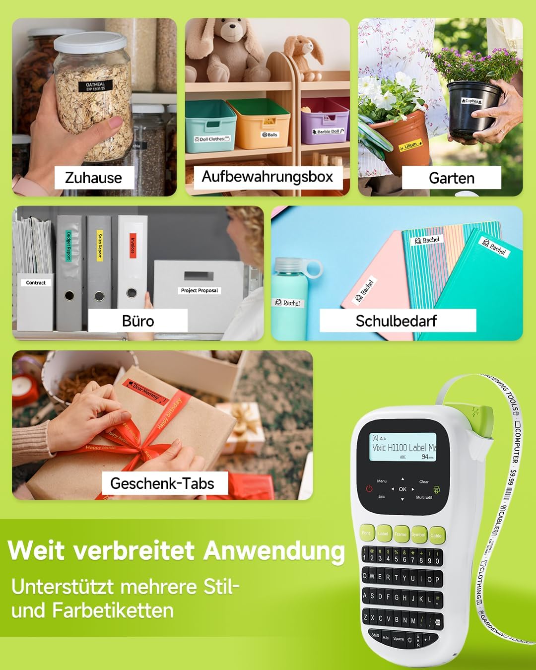 Beschriftungsgerät H1100 | Tragbares Etikettiergerät mit QWERTY Tastatur | Beschriftungsgerät Selbstklebend | Etiketten fürs Bis zu 12 mm Breite Tintenlos | Handetikettendrucker fürs Büro Hause & DIY
