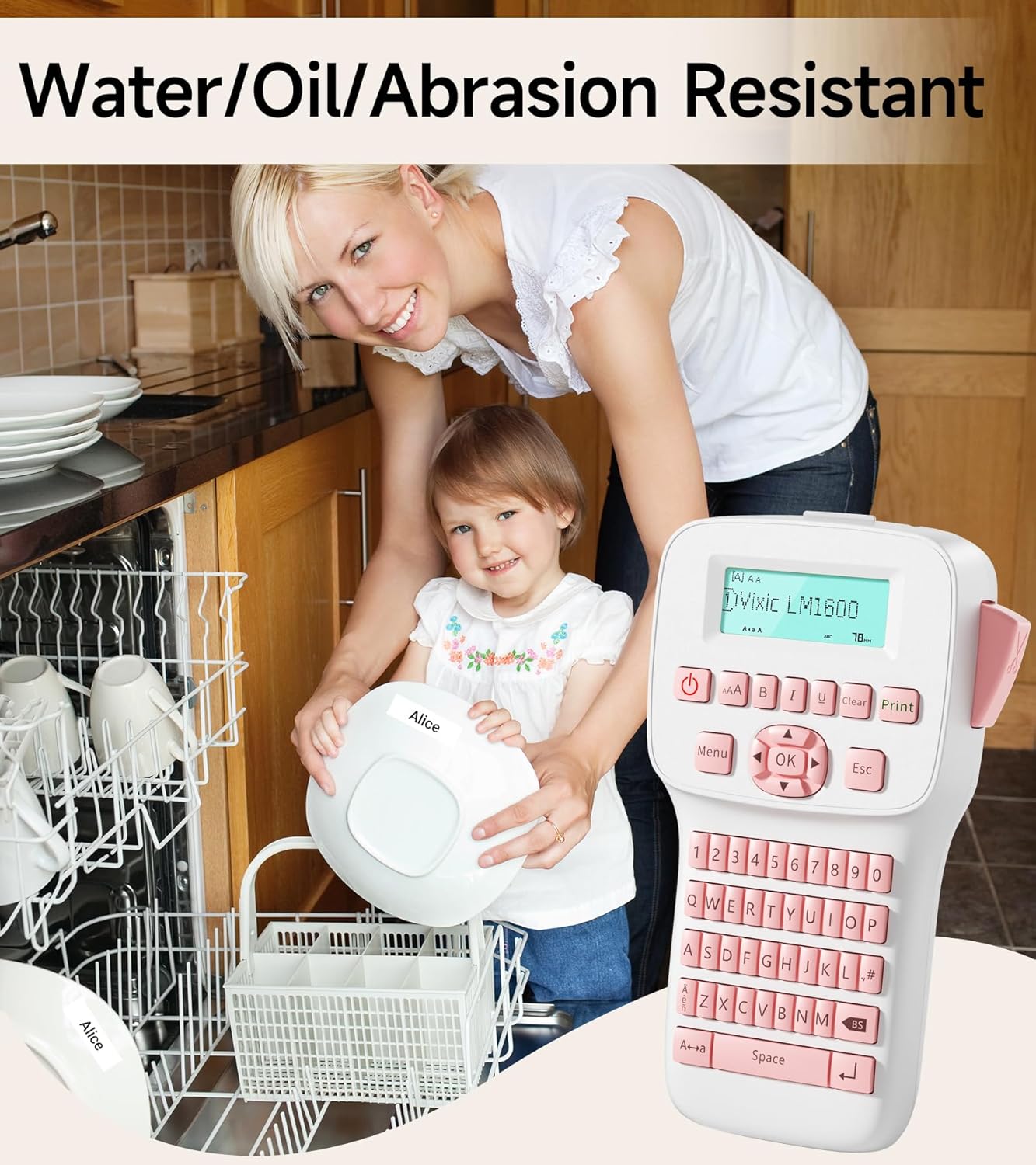 Vixic Label Maker, Portable Label Maker Machine with Tapes - LM1600, Backlighting LCD Screen Label Maker with QWERTY Keyboard, Pink Rechargeable Handheld Labeler, Home School Office Organization