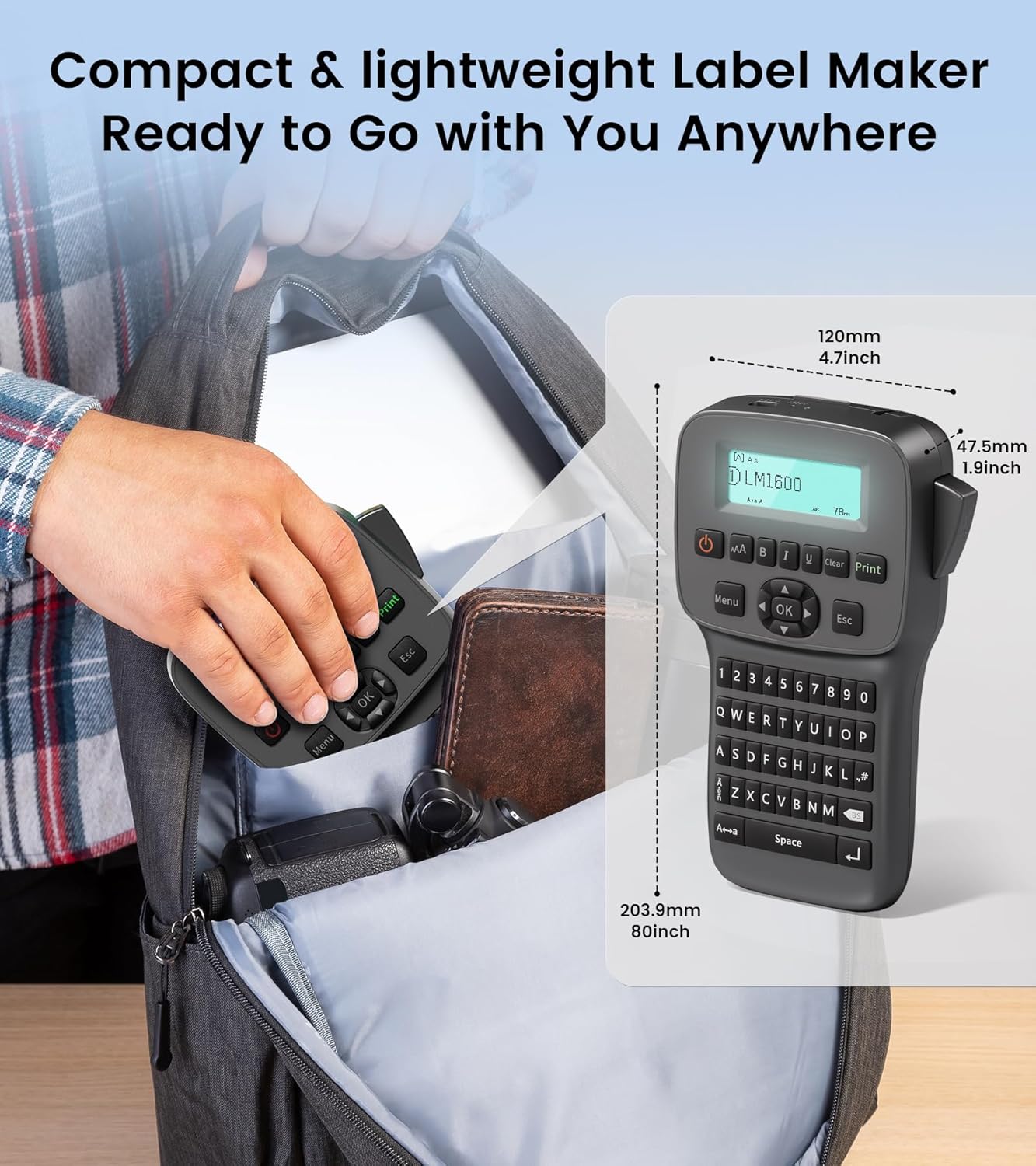 Portable Label Maker, LM1600 Label Maker Machine with Tape, Ultra Long Lasting Battery Label Maker with QWERTY Keyboard, Handheld Rechargeable Labeler, Easy-to-Use, Office Organization