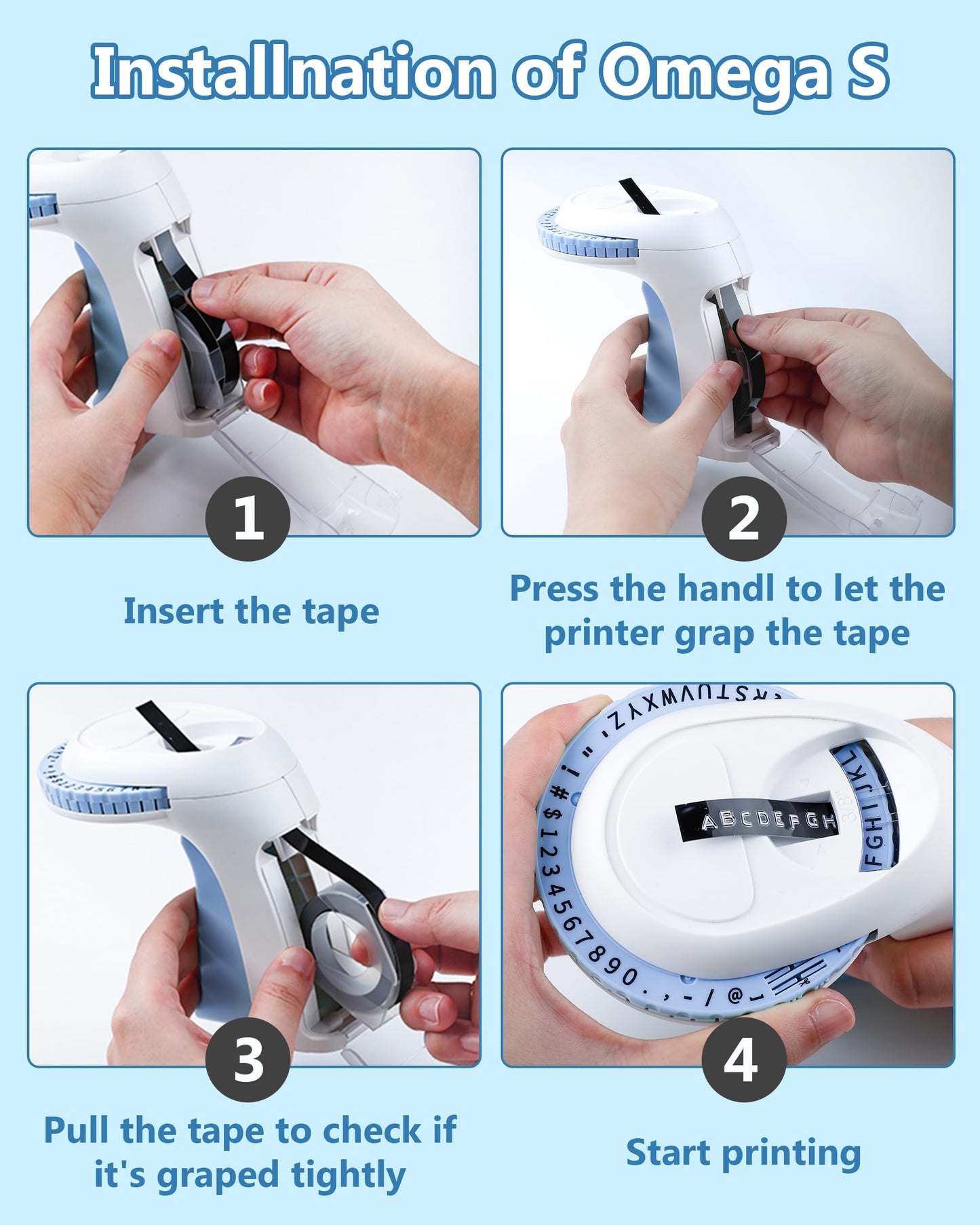 Vixic Omega-S Embossing Label Maker with Tape, 3D Vintage Embosser Label Maker, Handheld&Portable, Lightweight, Embossed Label Maker Machine with 6 Rolls 9mm Label Tapes for Home/Office/School, Blue