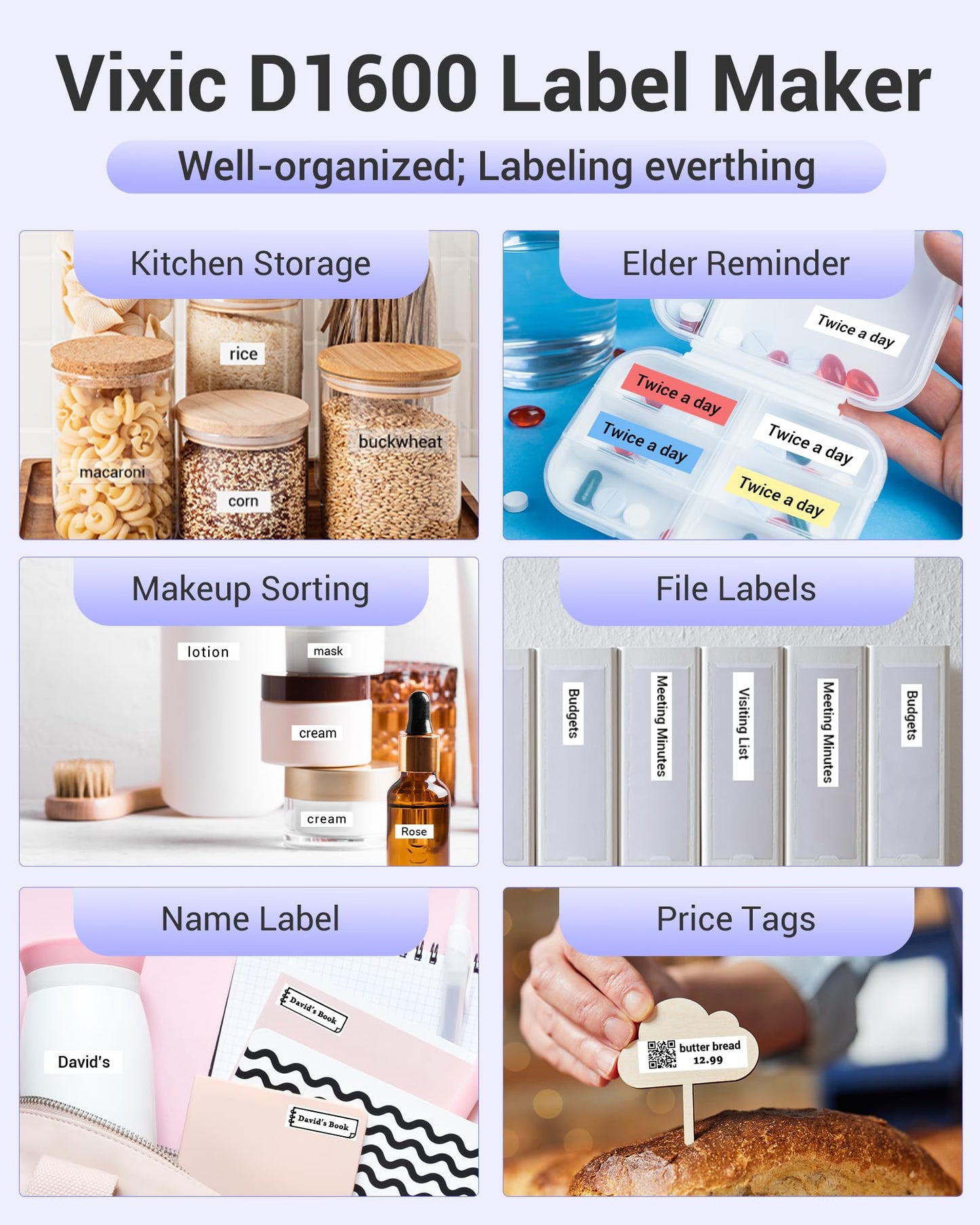 Vixic Label Maker - D1600 Mini Bluetooth Label Printer Wireless Labeler Label Maker Machine with Tape Multiple Templates Available Sticker Maker for Office Organization Home Kitchen Storage, Purple