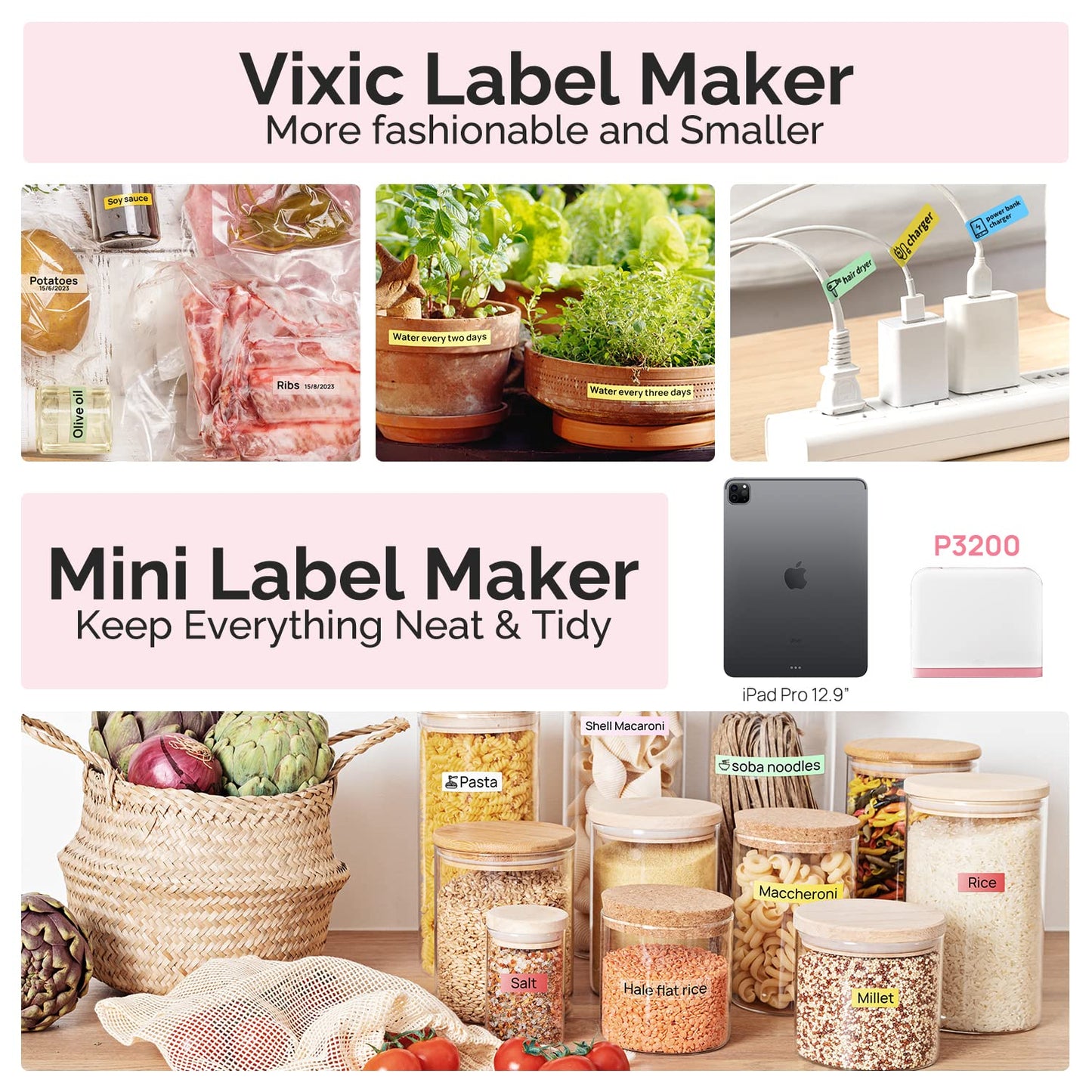 Vixic Label Maker Machine with Tape, P3200 Bluetooth Portable Labeler with Multiple Modes for Editing Labels, Handheld Mini Sticker for 6-12mm 1/4 '-1/2' Tapes,for Home School Office, White-Pink