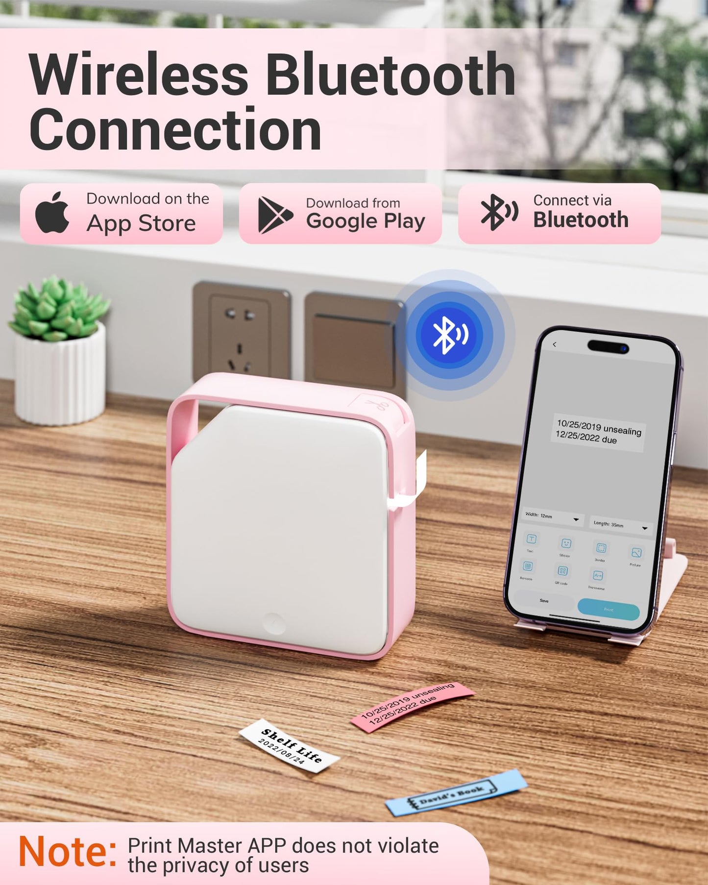 Vixic Label Maker Machine with Tape D1600 Portable Bluetooth Label Printer for Labeling, Mini Sticker Maker Compatible with Android & iOS Phone for organizing, Inkless Rechargeable Handheld, Pink