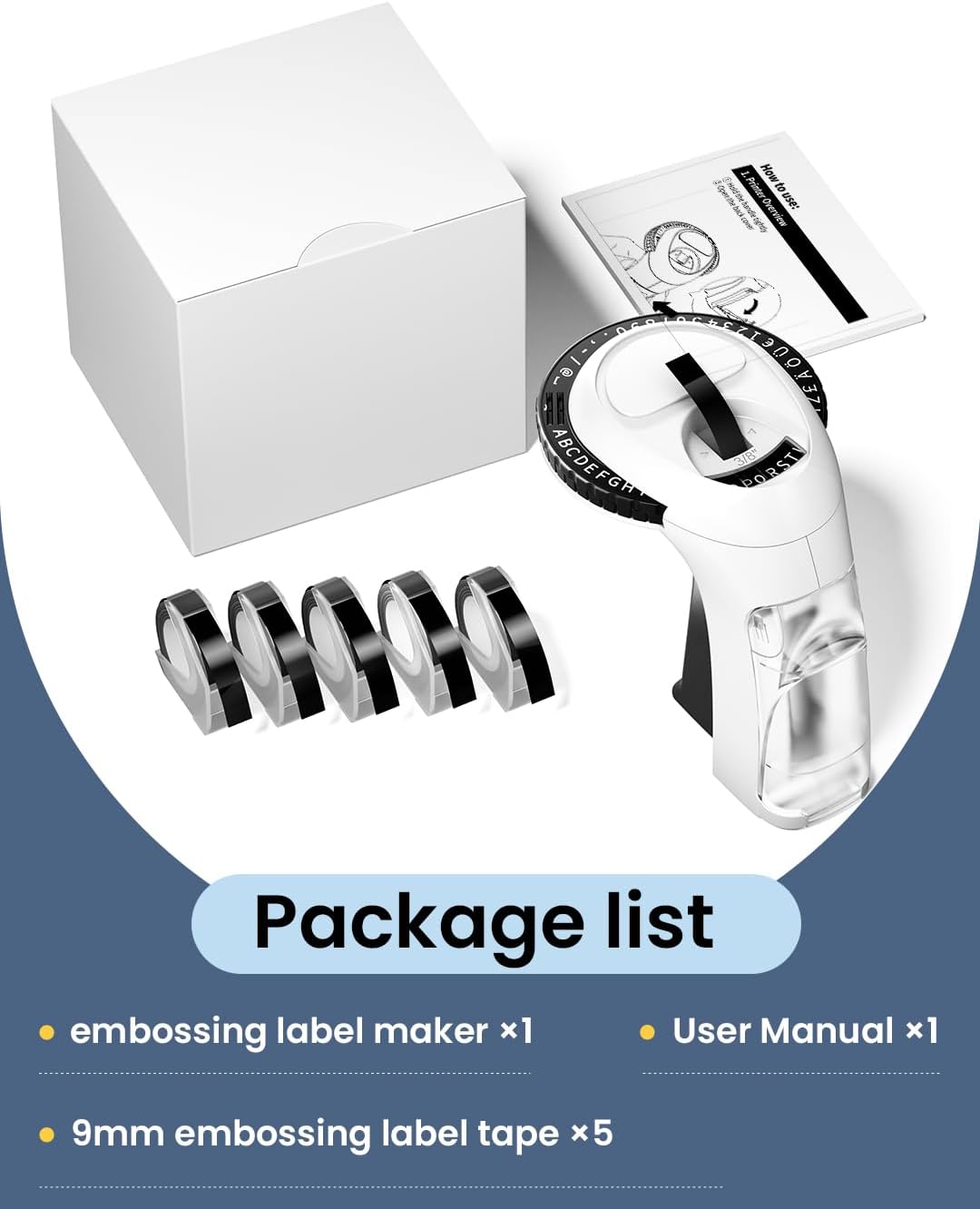 Embossing Label Maker Machine, Vintage Embossed Label Maker with 5 Tape 3/8"(9mm) Black