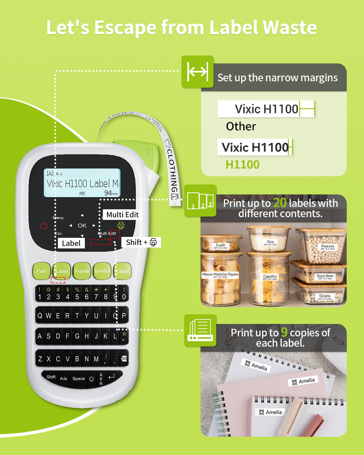 Vixic Label Maker Machine with-Tape, H1100 Handheld Label Maker Portable Labeler with Backlight Screen Keyboard for Home School Office Organization, Multiple Fonts Symbols Borders Easy to Use Inkless