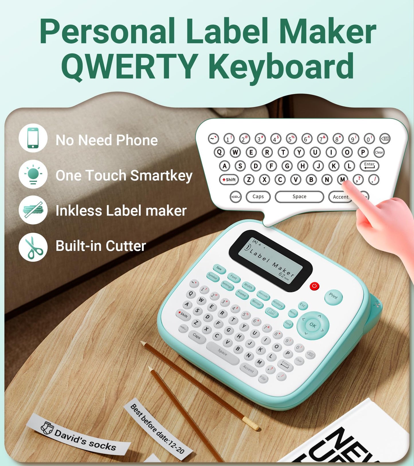 Vixic Label Maker, D210S Label Maker Machine with 4 Laminated Tapes, 12mm Labeler Labelmaker with QWERTY Keyboard, Print Different Fonts Frame Barcode for Home Office School, Green