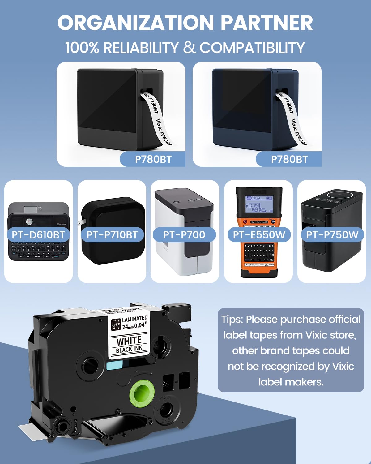Compatible with TZe-251 Tze251 BZ Tape 24mm P Touch Label Maker Tape 24mm 0.94" Laminated White 5B21Z for Vixic P780BT & Ptouch PT-D610BT PT-D600 PT-P710BT Cube Plus PT-P700 PTP750W PT2730