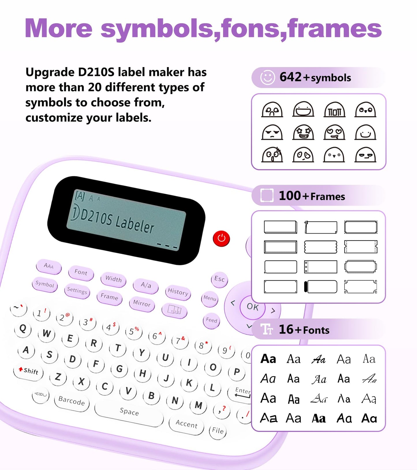Vixic Label makers - Vixic D210S Label Maker Machine - USB C for Power, Difference Fonts Style,100+ Boarder,600+Symbols,12mm Sticker Maker Easy to Use for Labelling Bottle,Jar,Plan,Kids Storage, Purple