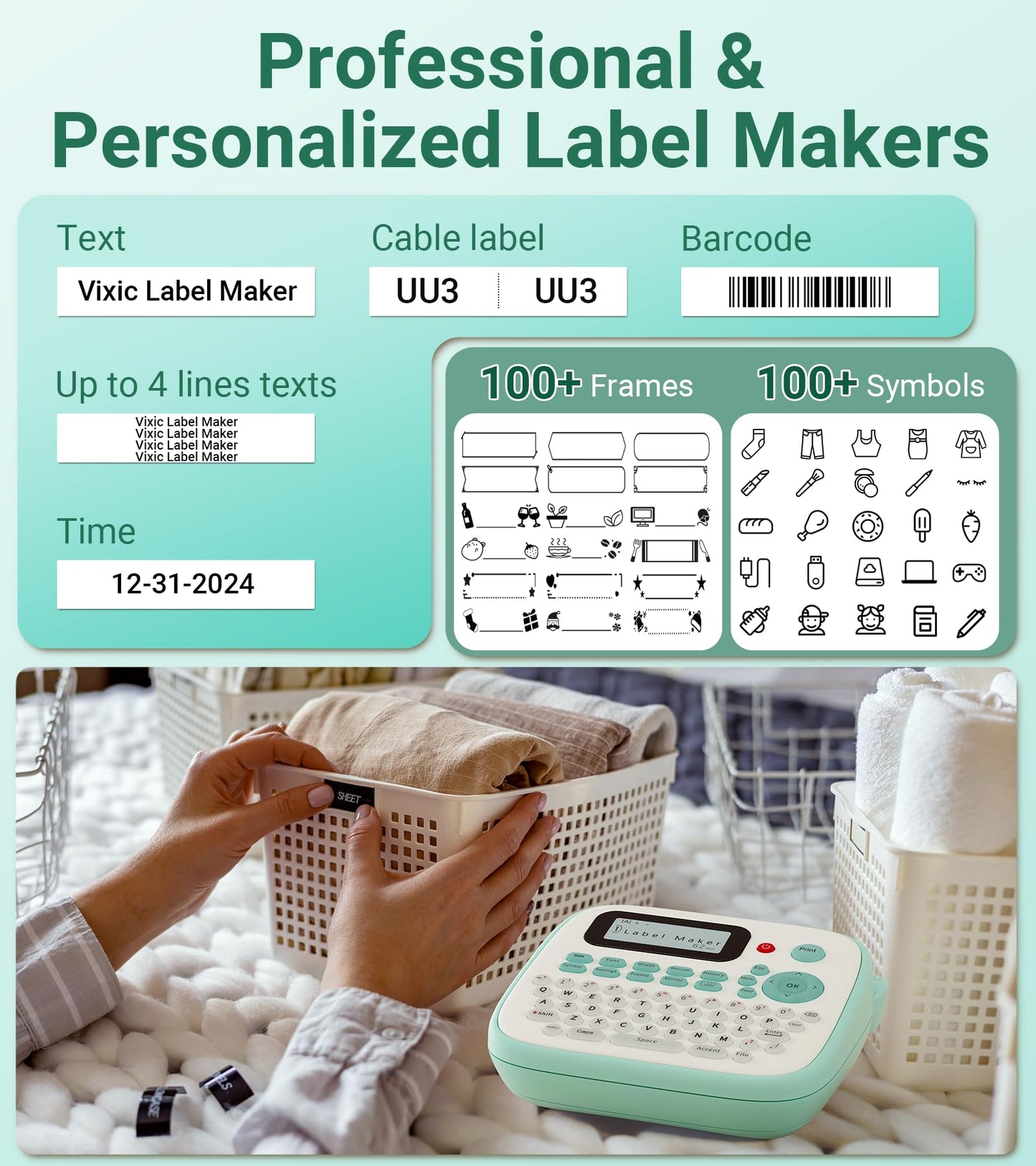 Vixic Label Maker, D210S Label Maker Machine with 4 Laminated Tapes, 12mm Labeler Labelmaker with QWERTY Keyboard, Print Different Fonts Frame Barcode for Home Office School, Green
