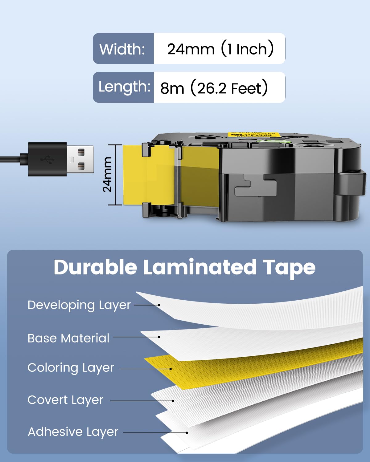 Vixic TZe-651 24mm Yellow BZ Tape 5B61Z 0.94 Laminated 1 Inch for Vixic P780BT & Ptouch PT-D600 PT-D610BT PT-P710BT PT1880 Label Maker