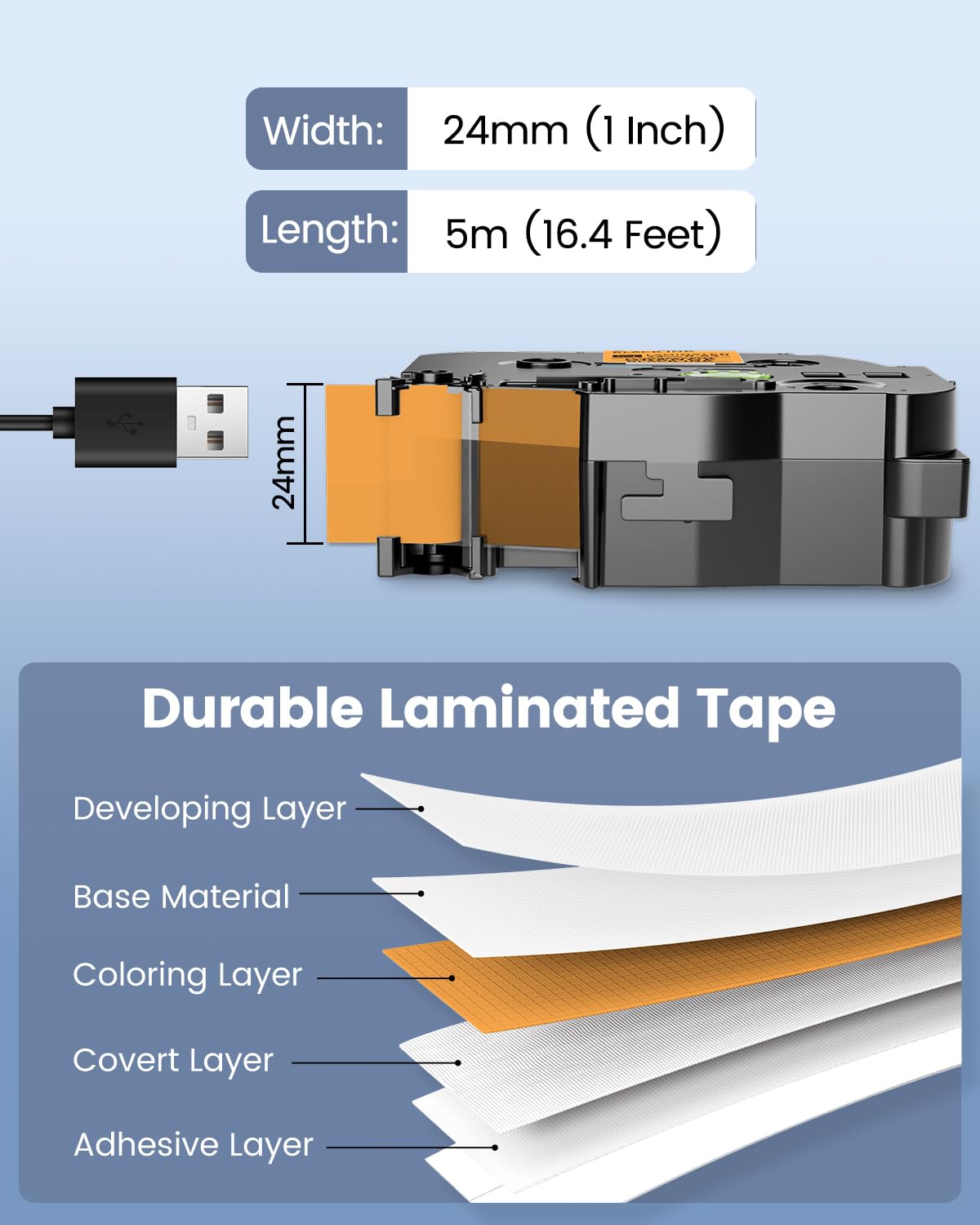 Vixic P780BT 24mm 1 Inch 0.94 Laminated Orange Tape, TZe-B51 Label Tape for Brother Ptouch PT-D600 PT-D610BT PT-P710BT PT-P700 PT-P750W Label Maker
