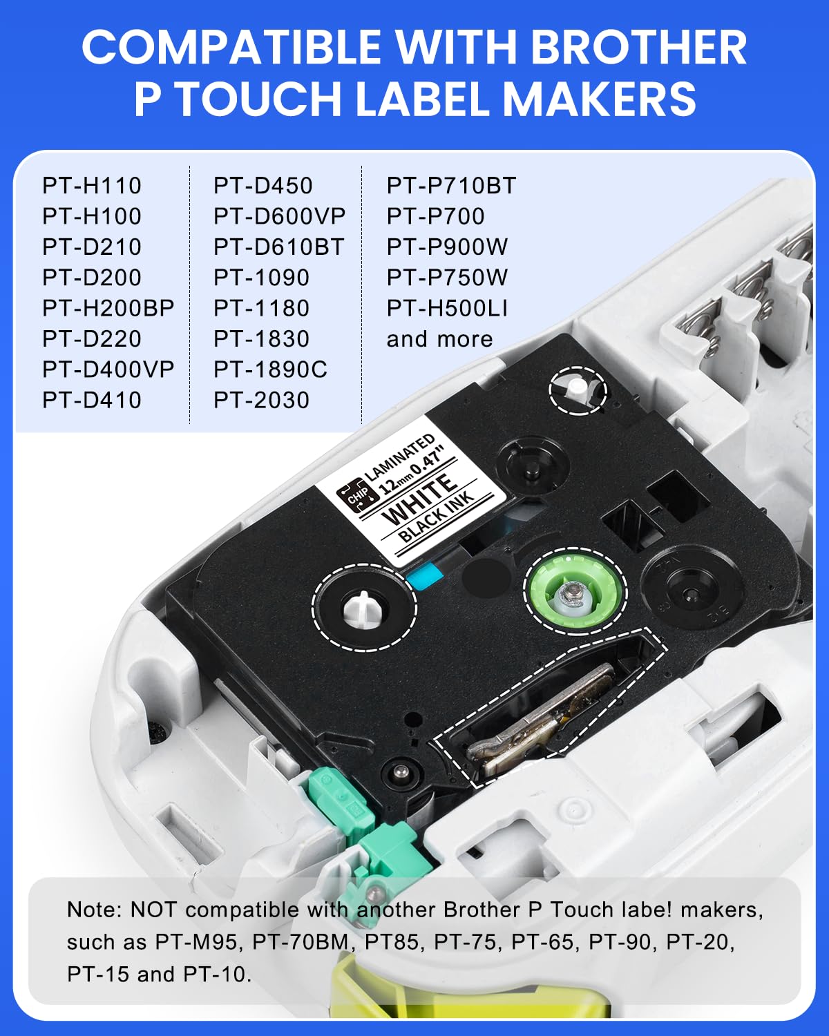 Vixic D210S H1100 E1000 P780BT P3200 D480BT BZ Tape Standard Laminated 12mm 0.47 Inch Black on White Label Maker Tape Compatible with Brother P Touch TZe-231 for PTH110 PT-D210 PT-D610BT PT-D400AD