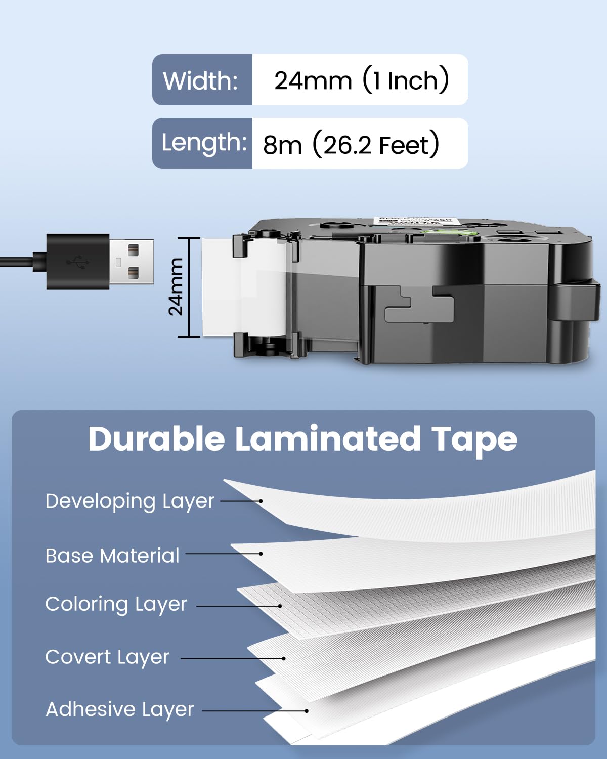 Compatible with TZe-251 Tze251 BZ Tape 24mm P Touch Label Maker Tape 24mm 0.94" Laminated White 5B21Z for Vixic P780BT & Ptouch PT-D610BT PT-D600 PT-P710BT Cube Plus PT-P700 PTP750W PT2730