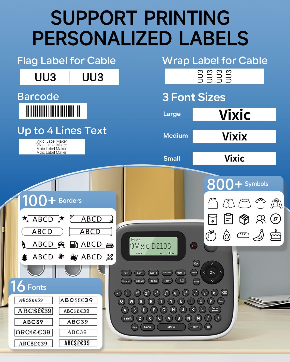 Vixic Label Makers, D210S Label Maker Machine with Tapes, Label Maker Waterproof-Labels, Portable Label Machine with Keyboard Powered by Type-C, Handheld Labeler Machine for School Office Organization
