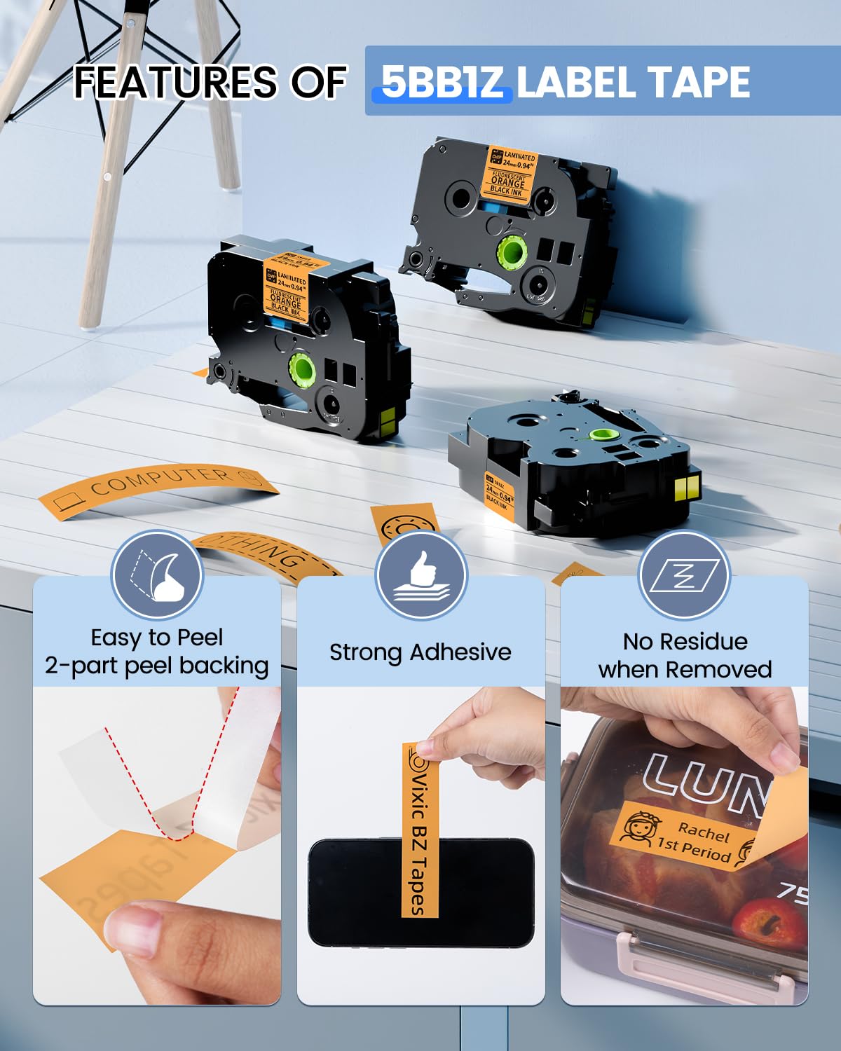 Vixic P780BT 24mm 1 Inch 0.94 Laminated Orange Tape, TZe-B51 Label Tape for Brother Ptouch PT-D600 PT-D610BT PT-P710BT PT-P700 PT-P750W Label Maker