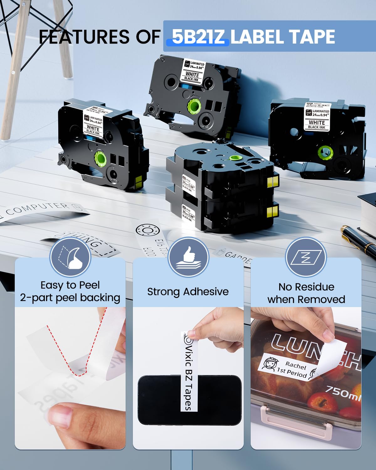 Compatible with TZe-251 Tze251 BZ Tape 24mm P Touch Label Maker Tape 24mm 0.94" Laminated White 5B21Z for Vixic P780BT & Ptouch PT-D610BT PT-D600 PT-P710BT Cube Plus PT-P700 PTP750W PT2730