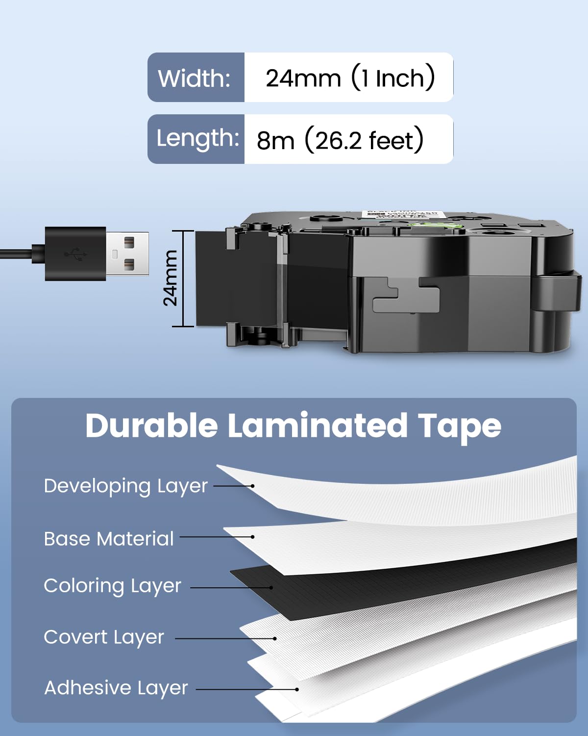 Vixic 24mm Label Tape Black BZ Tape Laminated for P780BT Labeler TZe-355 Compatible with Brother P Touch TZe Tape White on Black 0.94 for PT-D610BT PT-710BT D600 P700 PTP750W PT-D600VP Label Makers
