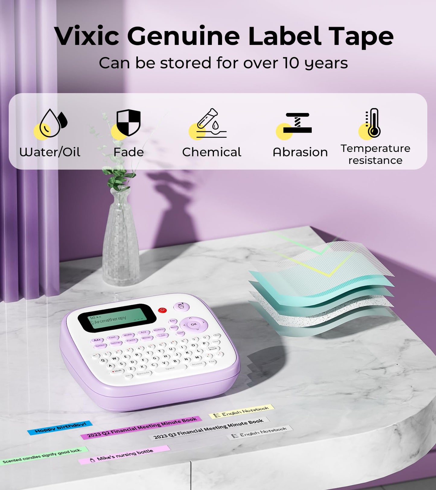 Vixic Label Maker Machine with 4 Tapes Portable Label Makers D210S,Type-C for Power,Easy-to-Use,QWERTY Keyboard,One Touch Keys,Personal Label Maker for Home,Gardens,School,Office Organizing Purple